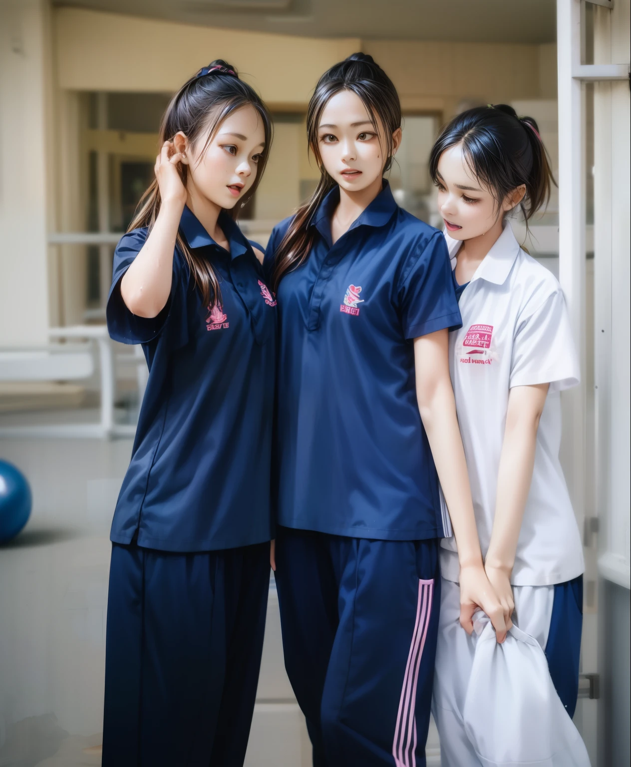 3 girls in fitness center, Navy blue short-sleeved shirt,Navy Long Trackpant,Sweatpants, Sweatpantsขายาว,25 year old girl, lesbian, sexy, exercise clothes, wet body, exercise clothes