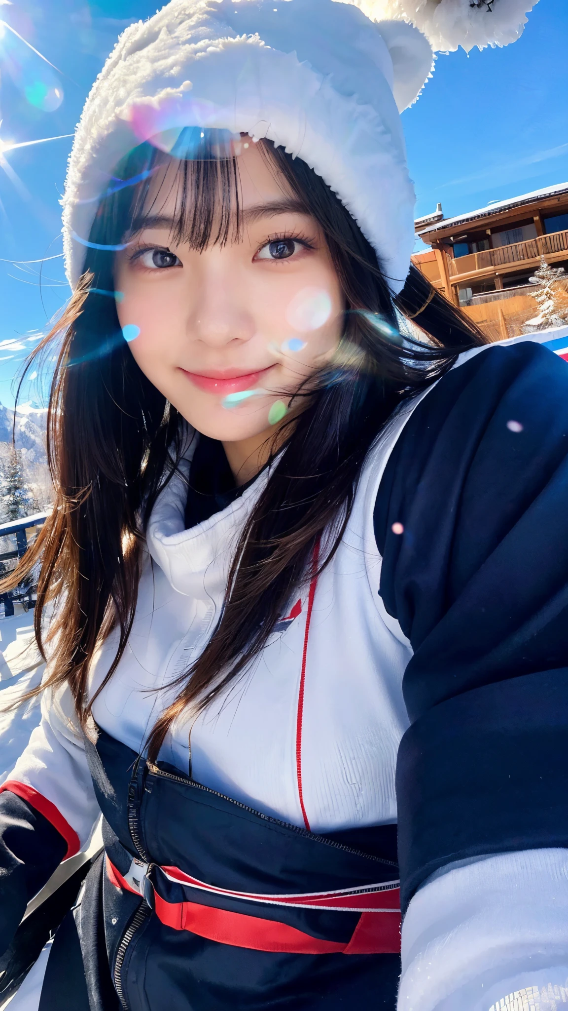 (highest quality,masterpiece:1.3,ultra high resolution),(Super detailed,caustics,16k),(photorealistic:1.4,RAW shooting),ultra-realistic capture,close-up of human skin,natural skin texture,Pores are detailed enough to be easily identified,Healthy skin and even tone,Use natural light and color,18-year-old,Japanese,cute,ski wear,black long hair,Smiling and looking at the camera,big breasts,shot from the waist up,(face focus:1.2),(Face close-up:1.2),(low position:1.3),(Low - Angle:1.3),(Diamond dust),(Ski resort),sun,Lens flare,blue sky,