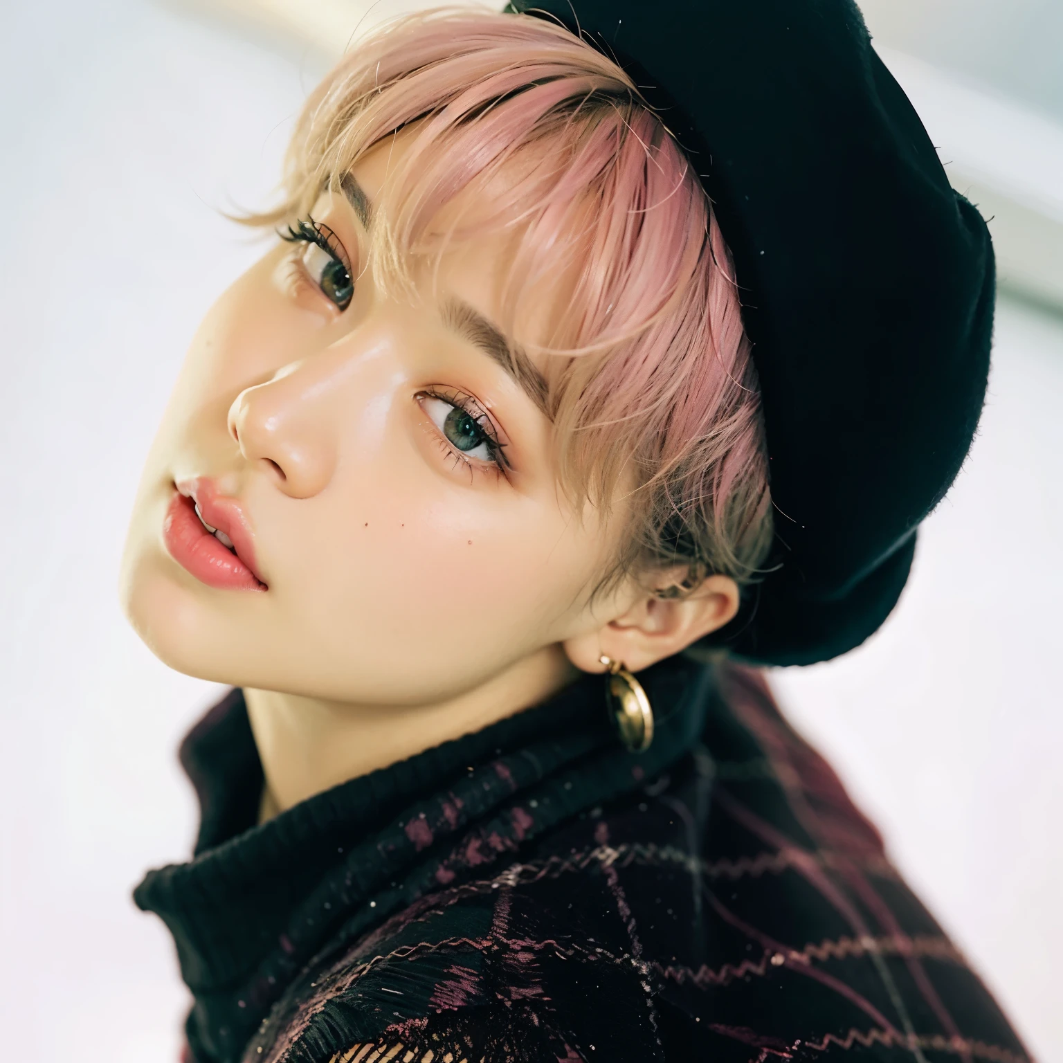 a close-up of a person in a hat and sweater, Jimin\the full lips, Jimin, park Jimin, Retrato de Jossi do Blackpink, Jimin\the right eyelid is swollen, Jimin\o nariz grego, accurate Jimin face, hyung tae, Jung Jaehyun, cai xukun, profile picture with headshot, Jungkook, Kim Doyoung