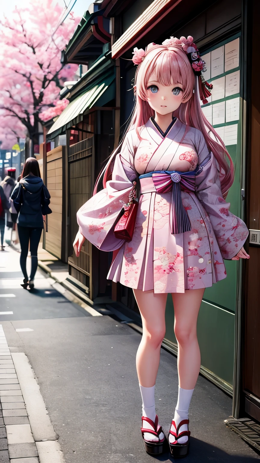 best image quality、1 girl、Tokyo Harajuku with a complex structure composed of ukiyo-e prints、Cherry Blossom