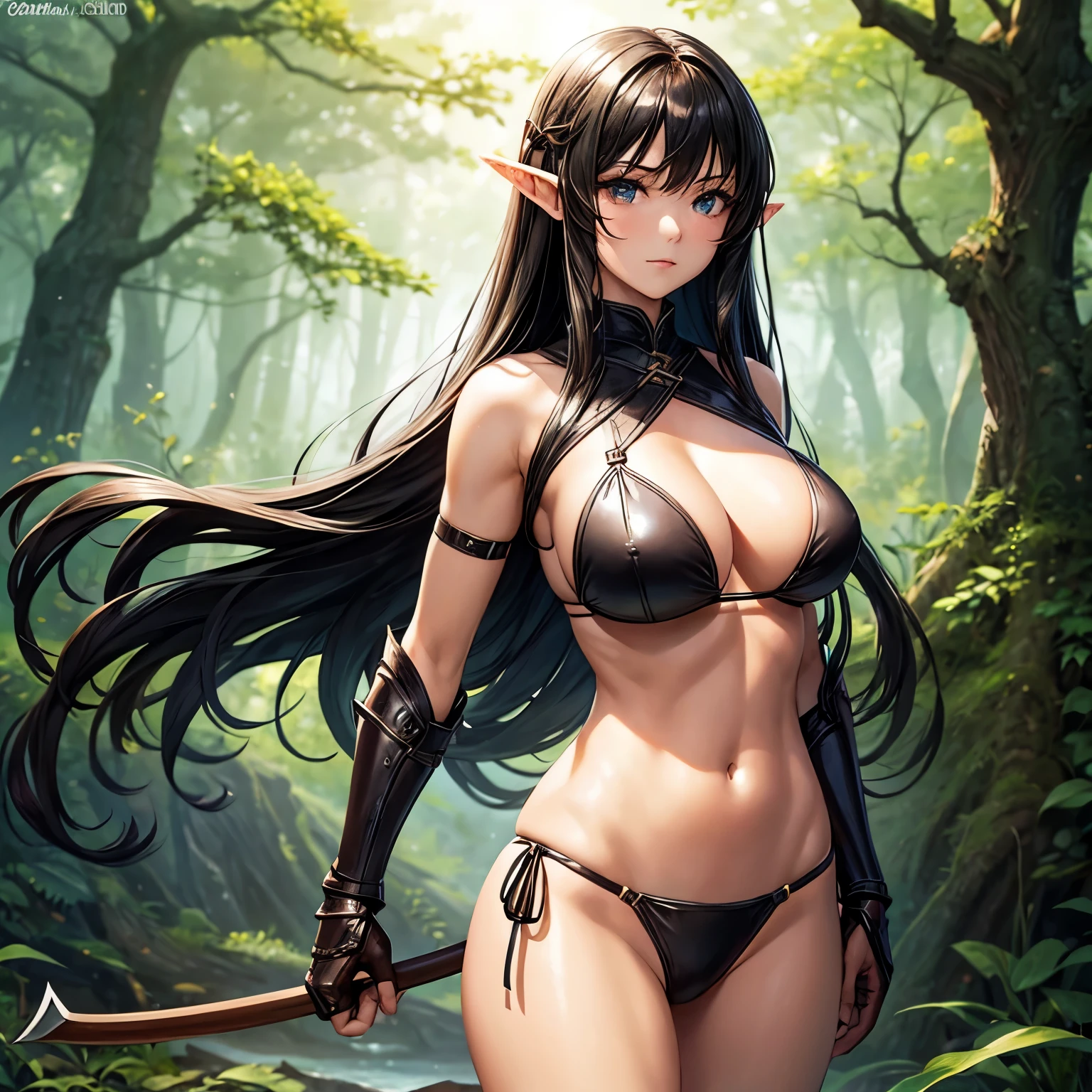 beautiful woman alone, leather bikini armor, wood bow, big breasts, black long hair, sexy body, forest hunter woman, elf archer