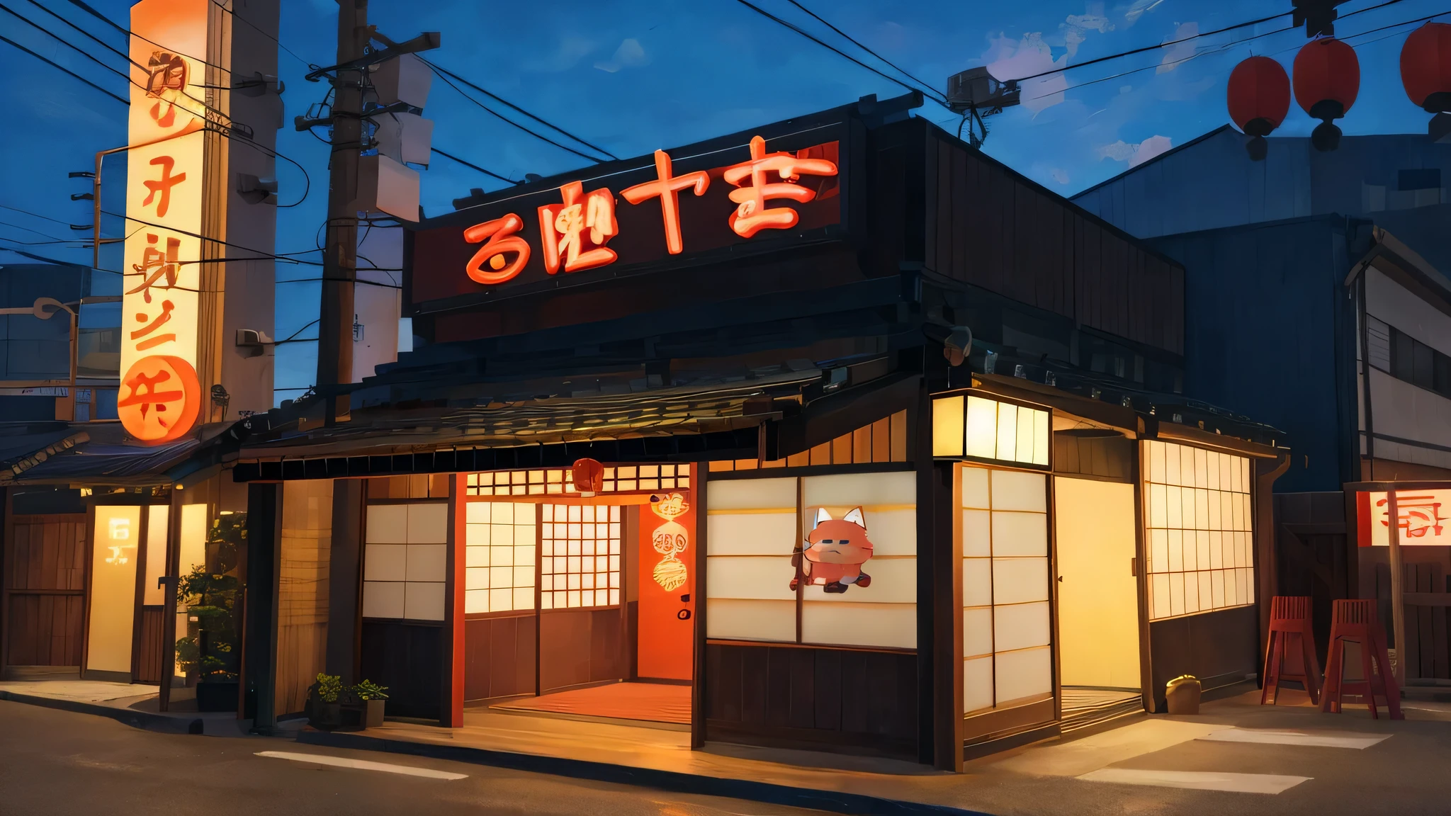 A Japanese restaurant with a neon sign and a cute mascot on the roof.