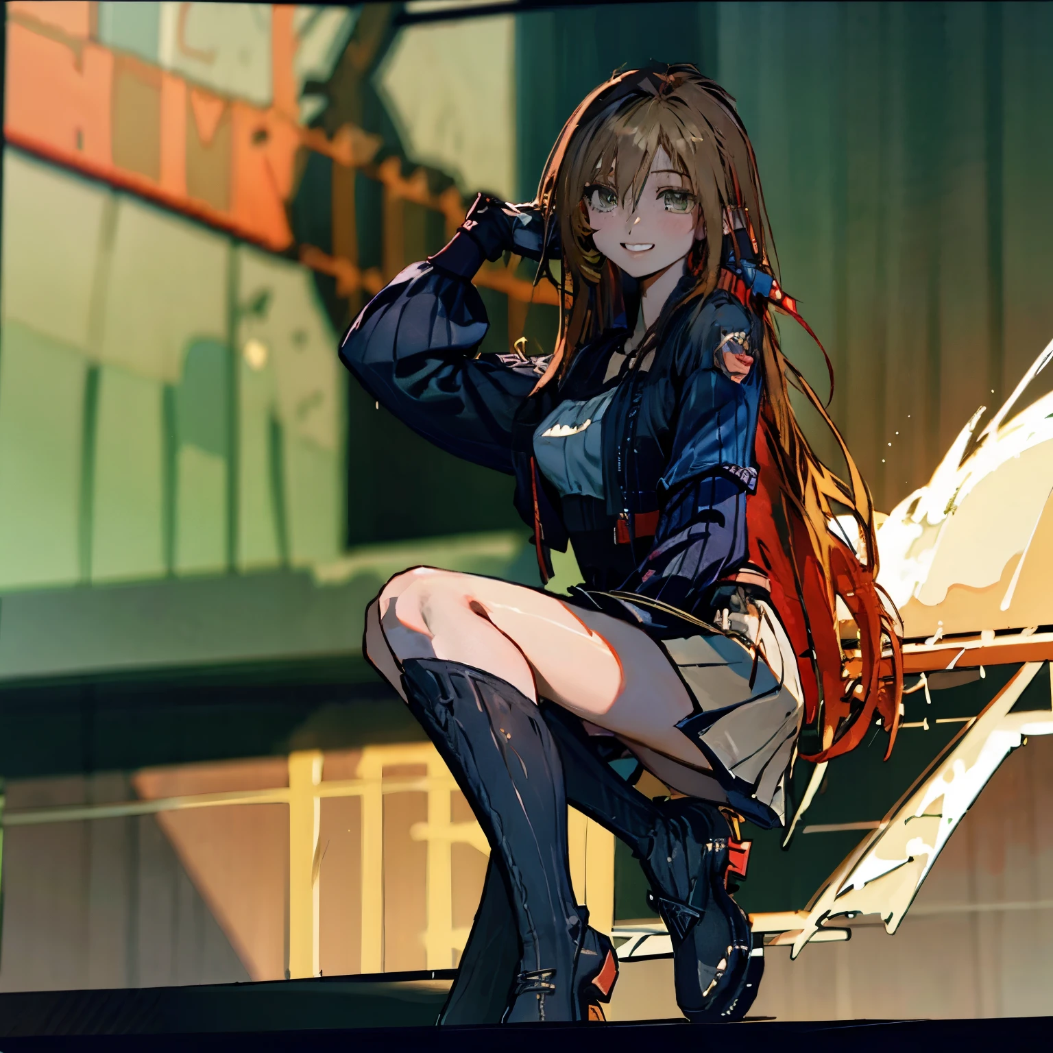 ((Best quality)), ((masterpiece)), (detailed:1.4), 3D, an image of a beautiful cyberpunk female, long almond golden hair, light brown eyes, Small red Barret, Black Soldier Shirt, Black under cloth, black panty, Grenade belt, Big chest, Big thigh, High thigh black knee sock, full view of girl, sit on the table, battlefield, black combat boot, red necktie, black glove, black combat suit, black jacket, black cloak, black panty, ammo belt, handgun, HDR (High Dynamic Range),Ray Tracing,NVIDIA RTX,Super-Resolution,Unreal 5,Subsurface scattering,PBR Texturing,Post-processing,Anisotropic Filtering,Depth-of-field,Maximum clarity and sharpness,Multi-layered textures,Albedo and Specular maps,Surface shading,Accurate simulation of light-material interaction,Perfect proportions,Octane Render,Two-tone lighting,Wide aperture,Low ISO,White balance,Rule of thirds,8K RAW,
