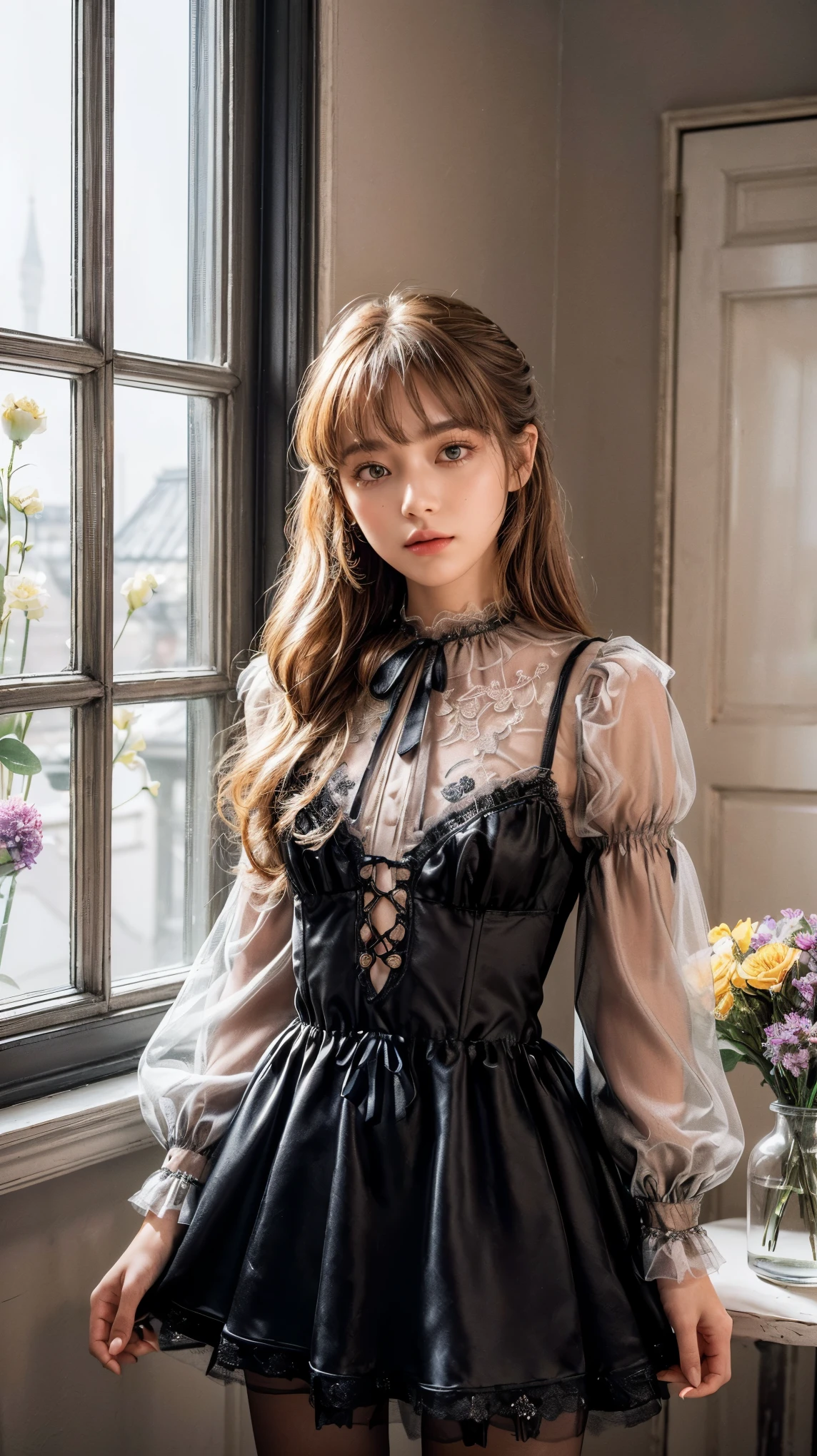 (Ultra-detailed eyes), (((textile shading))), (((Best Quality))), (((materpiece))), (((Ultra-detailed CG))), sassy girl, (((magical ))), (), (tiny chest), light bronze gold, ((in a room filled with flowers. The dominant colors are grey and black, with an accent fantasy color.  in front of a window, which allows natural light to shine through and illuminate the scene, light bulb, glass ball, crystal ball, bunch a flowers, flowers in room, shinning through window, the Flowers surrounded the girl, 8 k, deep shadow, low key, cowboy shot, (official clothing:1.4), blonde caramel hair,mini dress has a stretchy velour construction, adjustable lace-up ties at front, long puff sleeves with embroidered metallic ribbon trim, satin and lace detailing, a tulle petticoat, unusual fashion choices, tiny chest,4K, strong rooftop atmosphere, cowboy shot, midshot, centered image, eye on camera, daylight