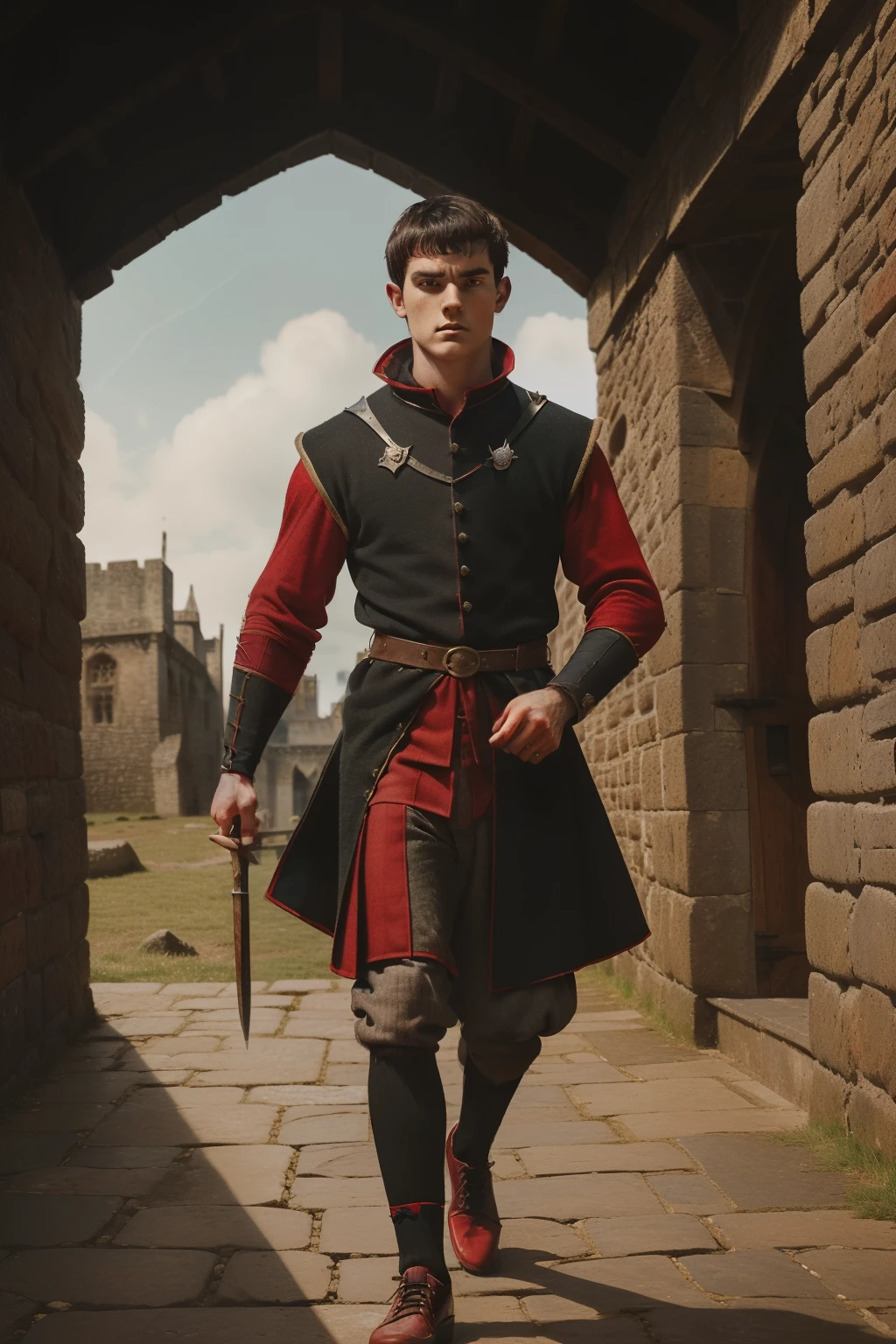 England, 1327. A young ((((20-year-old)) Ralph Fitzgerald)), intense eyes, ambitious, tall, athletic, walking through a wool market, ((angry expression)), broken nose. ((((clothings from the 1300s, red and black squire uniform)))), ((dark hairstyle of the 1300s))