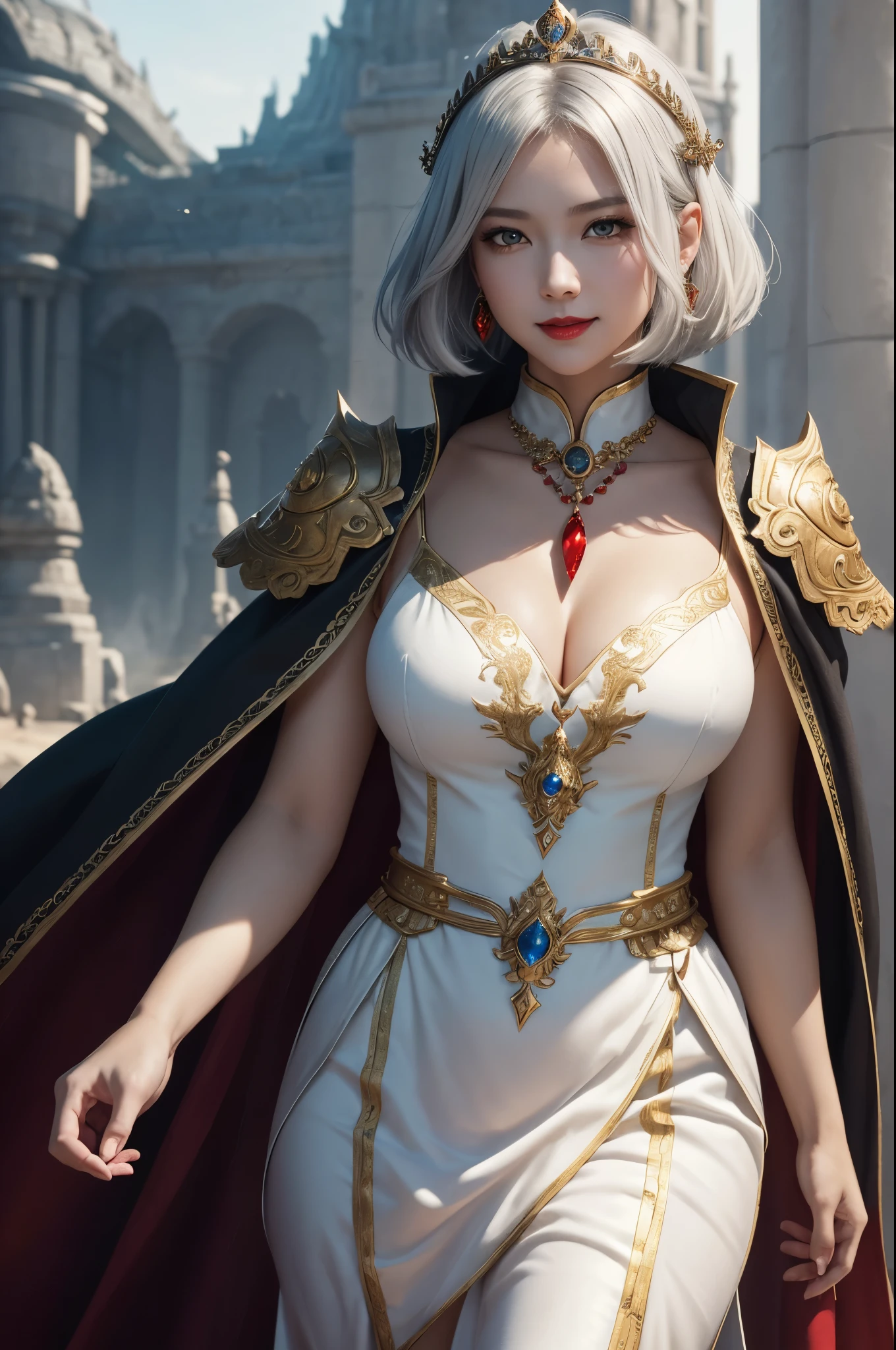 8K,pure white medium bob hair,cute thick body,very big breasts,Gray medium bob hair,girl,神の杖を持った白い邪神の衣装を着た可愛らしいgirlのクローズアップ, cute fantasy empressのgirl, ((cute fantasy empress)), glamorous.very high detail, extremely detailed , up to the model | types of bacteria, trending on cgstation, Chenwei Pan On Art Station, luxurious black cloak,Super high resolution,super realistic skin,cute expression,fantasy art,laughter(Like the real thing),straight hair,golden eyes,Red Gem Earrings,blue gemstone necklace,luxury white gauntlet,red lipstick,red eyeshadow,evil god makeup,battle scene,action scene,fighting pose,masterpiece,Photorealistic RAW photos of the highest quality。bright colors,rich colors, Backlight, cinematic lighting, film grain, 50mm lens, Nikon D850,beautiful expression,fantasy art,character art,look at the viewer,perspective from above,smile,thick body type,Gray hair medium bob hair,White and gold robe,young girl,pure white medium bob hair,