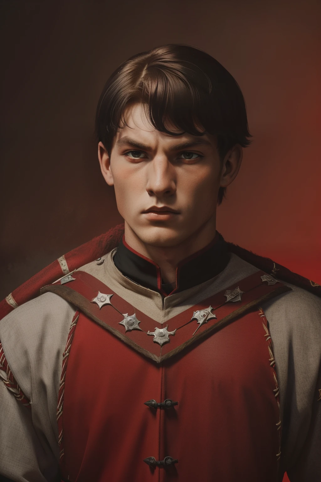 England, 1327. A young ((((20-year-old)) Ralph Fitzgerald)), intense eyes, ambitious, tall, athletic, ((angry expression)), broken nose. ((((clothings from the 1300s, red and black squire uniform)))), ((dark hairstyle of the 1300s))