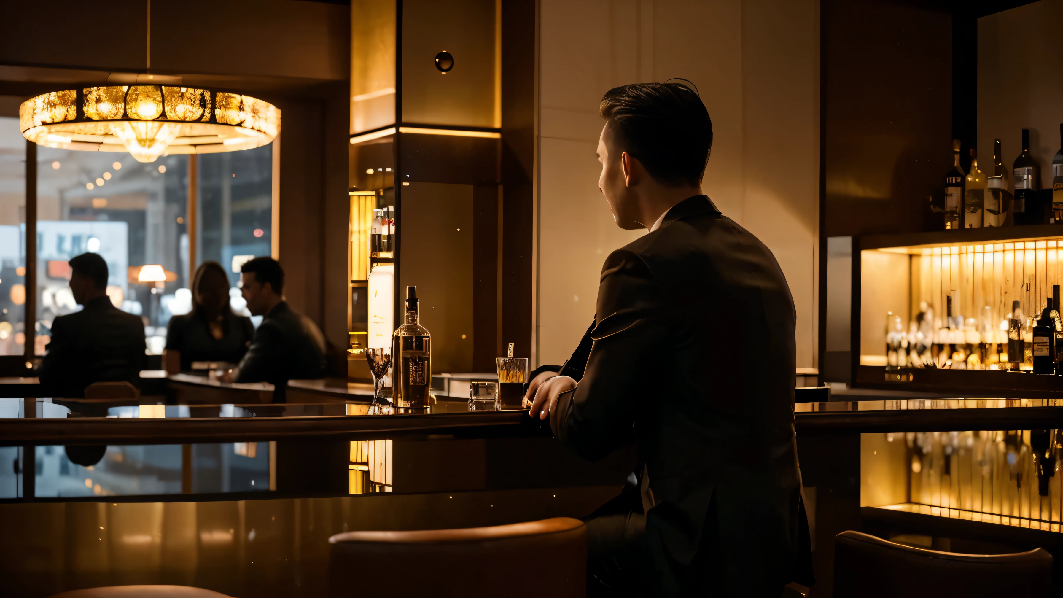 Inside the bar at the counter, one business man from the back drinking and enjoying the nightlife, deemed lighting, silhouette photography, realistic photography, business lounge aesthetic, brown and gold luxury decoration, Landscape image format 16:9 , 8K, high-resolution, bokeh
