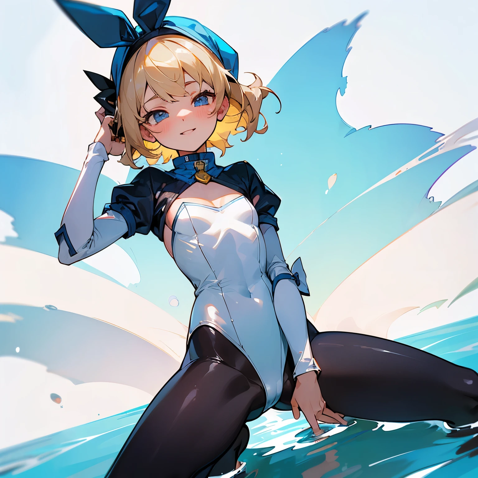 (best image quality, best girl), (one girl), (blonde), hairstyle like a man, boyish, (short hair), wavy short hair, Splashing hair outside, (messy hair)), ((hair scattered on the outside)), (White headscarf), light blue eyes, smile, small, juvenile, ((low length)), small breasts, (((small breasts)), bunny suit, black tights, Rabbit headband, not wearing underwear, ((crotch line)), (Spread your legs and straddle), Raise your hands to the same height next to your head, (palms turned)), blush, oily skin,