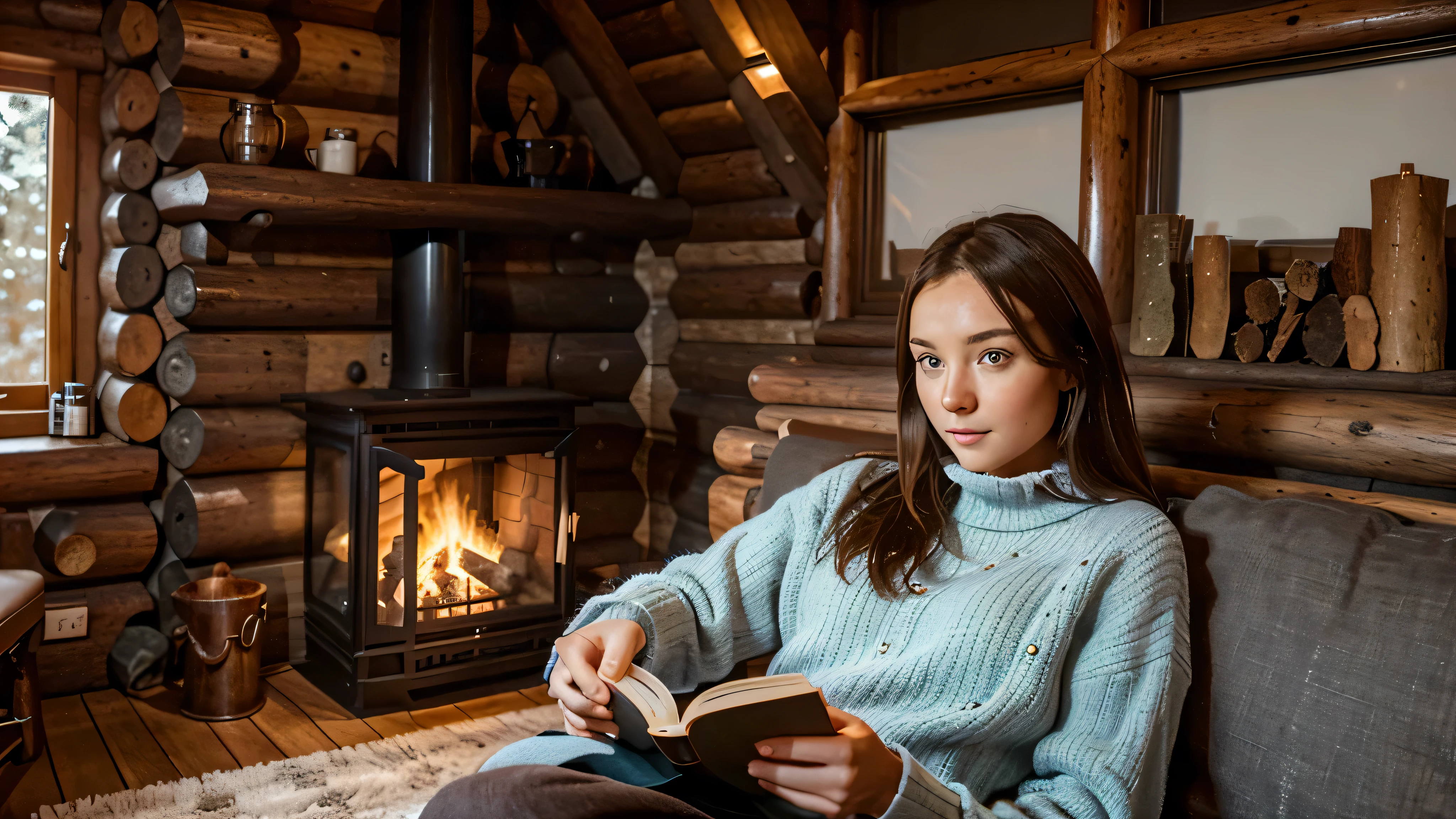 nordic country。The rooms in a log house are made of logs.., And the walls are also made of logs...。warm room。One window that looks out。one large fireplace。brown hair girl, beautiful blue eyes, Clear white skin reading a book.。
she is wearing warm clothes。