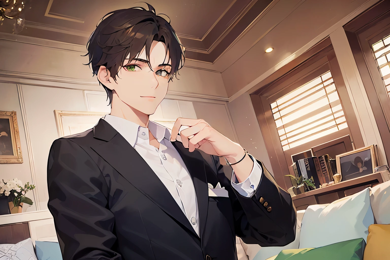 high quality、masterpiece、(25 year old male with short brown hair and green eyes:1.5), (wearing a dark blue suit)、wearing a white shirt、smile, Alone、The background is a lounge room of a luxury hotel.