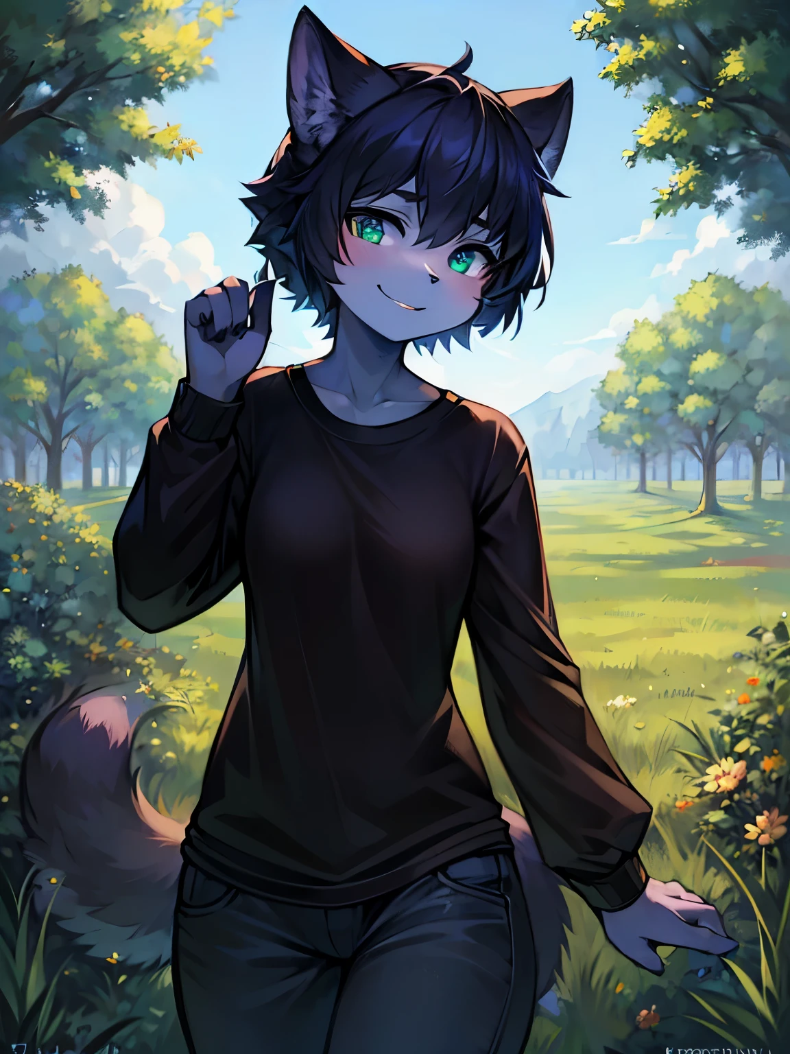Black cat girl, black_fur, Blaues Tshirt, Blaue Augen, Niedlich, smiling, Text:Ellen, Wiese_hintergrund, auf der Wiese stehend