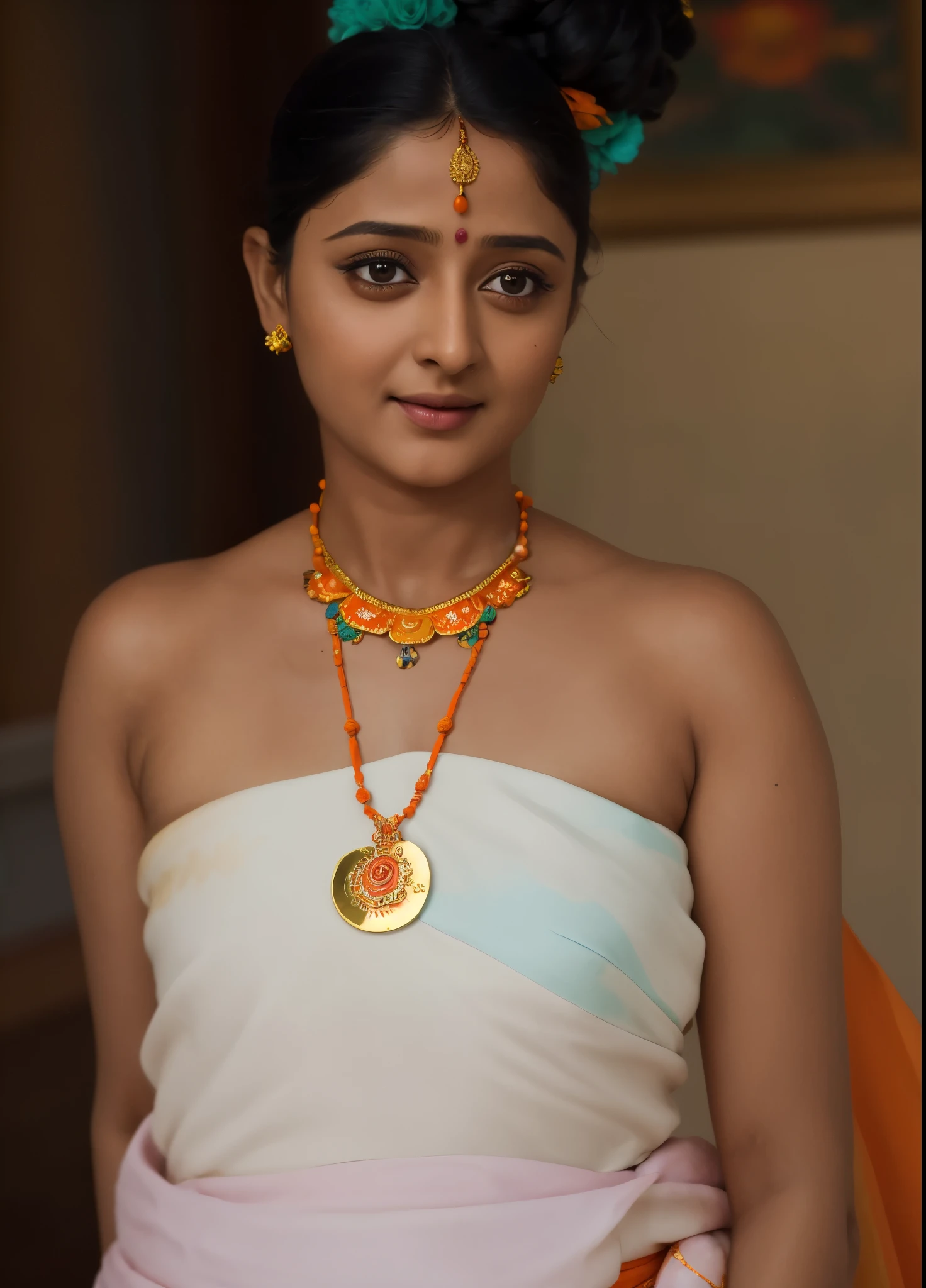 Looks like Anushka Shetty, a close up of a woman in a colorful dress with a flower in her hair, extremely gorgeous woman, matchless beauty, queen, very beautiful enga style, with colourful intricate, candid shot, traditional beauty, candid picture, orange details, wearing intricate, candid portrait photo, with kerala motifs, wearing an elegant tribal outfit, orange and turquoise, orange and teal color, * colour splash *, traditional, stunning visual,
