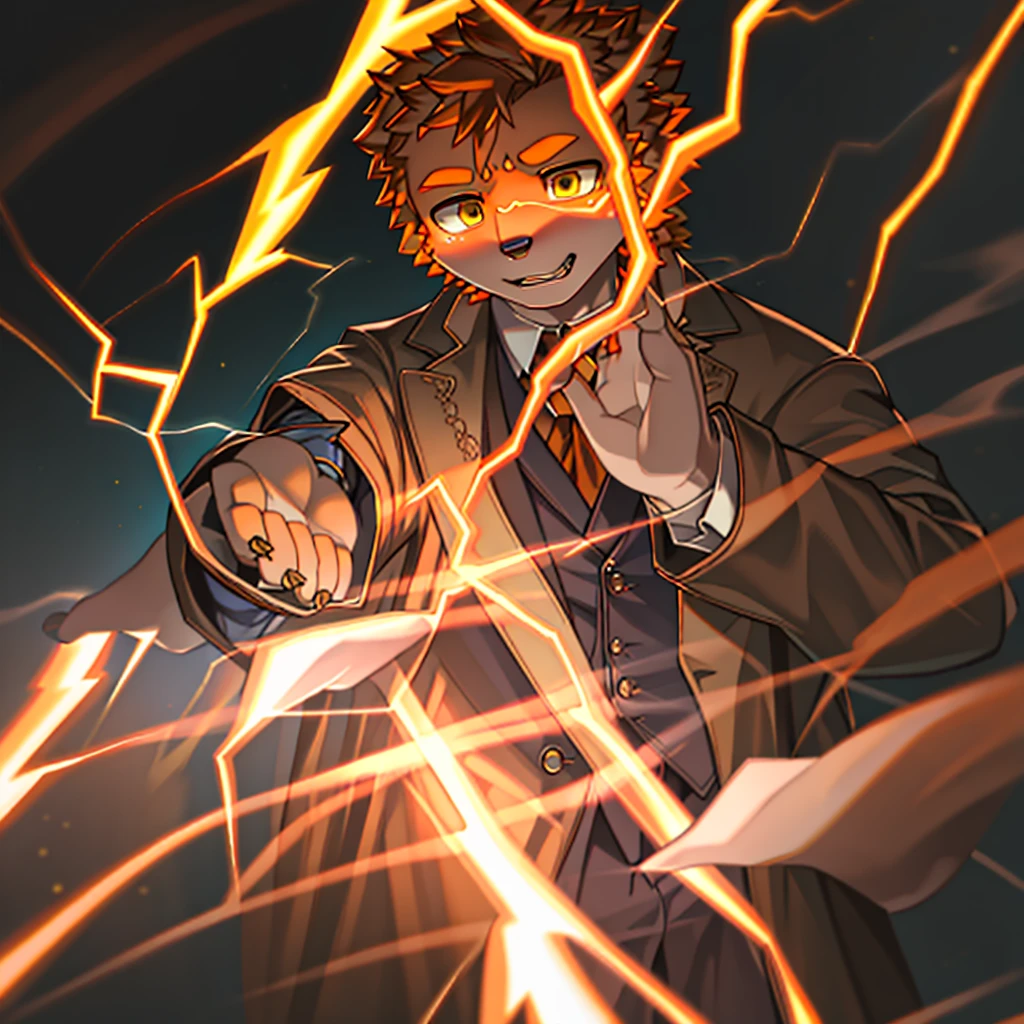 masterpiece, high quality portraits, 3D realistic CG, dramatic lighting, intricate details, sharp focus, 16k, Humanity, hairy, (cub), solo boy, (wizard), (angry:0.5), (orange lightning magic:1.4), (Reach out your hand), （wearing a suit），(bykekitop