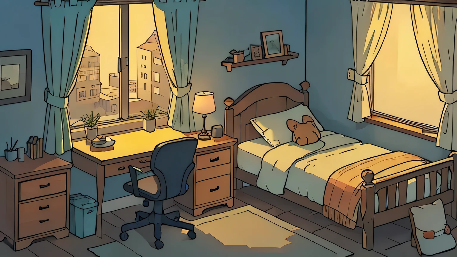 Comfortable bedroom,There is a table,There are windows and curtains,There is a rag doll on the bed