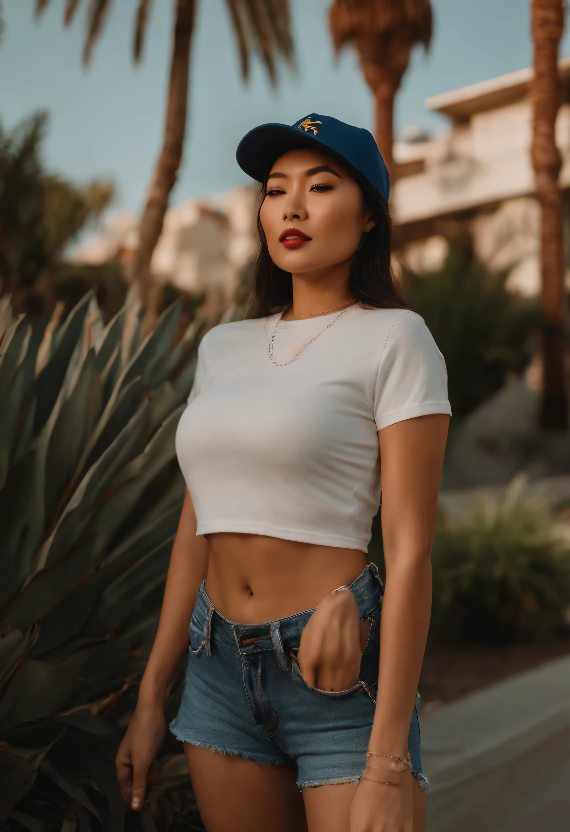 kazakh asian women with medium breast wearing short shirt in baseball hat in los angeles near palm trees