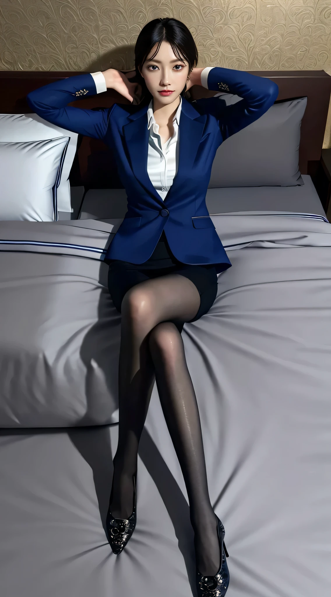 top view，Elegant upper class elite secretary wearing business shirt, laying on a hotel bed，厳格なbusiness suitを着ている, wearing pantyhose、Wear luxury heels、business suit, business attire, original photo, (8k、best quality、masterpiece:1.2)、(intricate details:1.4)、(Photos are real:1.4)、octane rendering、Ultra-detailed complex 3D renderings, rim light, vivid details, Super details, Realistic skin texture, Detailed face, beautiful and delicate eyes, Highly detailed CG Unity 16k wallpaper, compensate, (Detailed background:1.2), exposed thighs!!!,非常漂亮的细long legs, long legs, sleek legs，Nice shoes