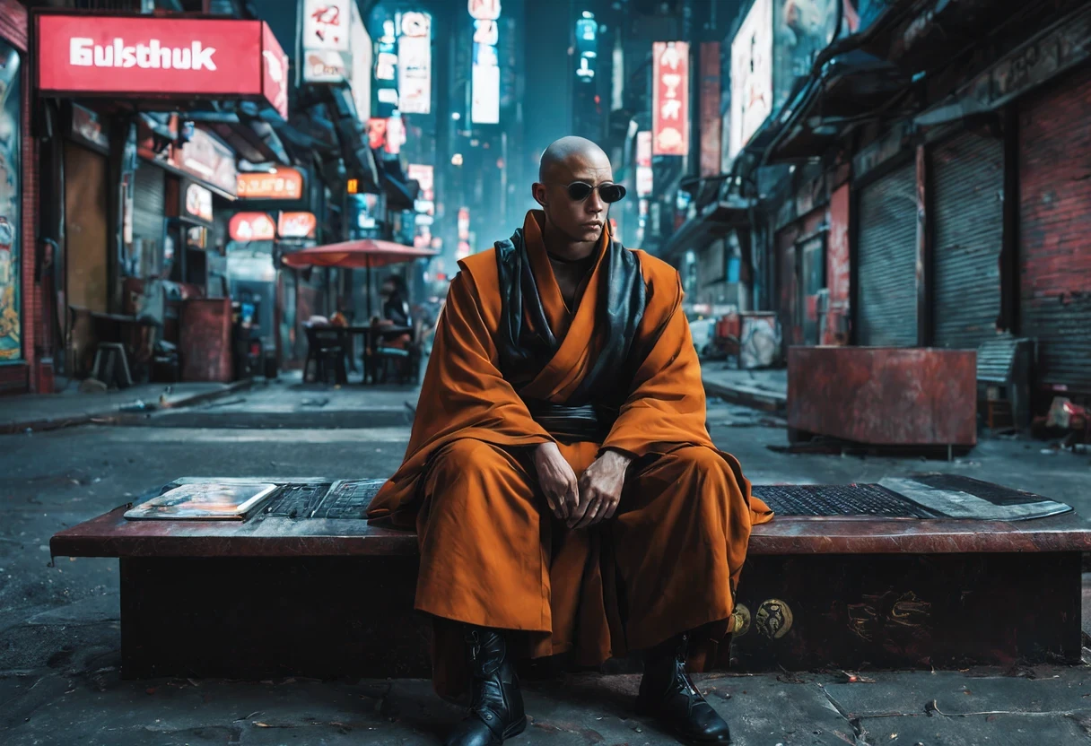 cyberpunk, monk, chillin in the city