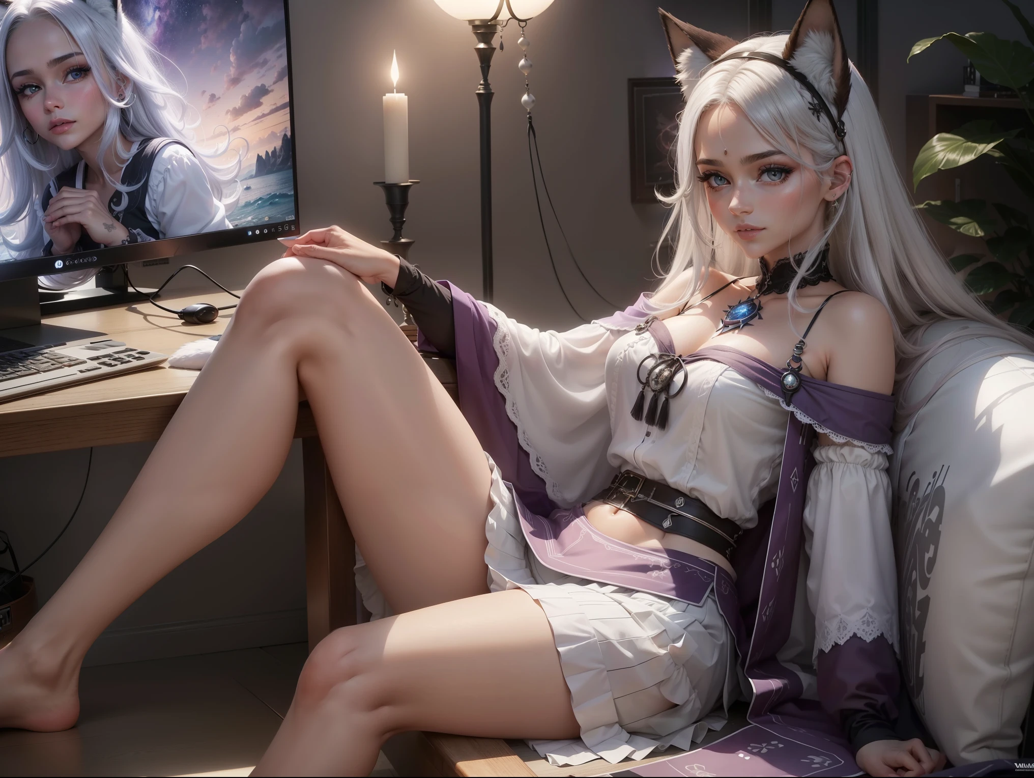 fox woman, olhos perfeitos, mulher assistindo numa tv, luzes gamer, detalhes em roxo na sua roupa, atmosfera roxa, (((Cabelo branco))), (((skirt))), roupa linda, mulher assistindo um filme, ((sitting)), roupa branca, varios detalhes na roupa, (((Sitting))), atmosfera magica, ((mulher linda, rosto perfeito)), cabelos brancos longos, ((skirt)), ((cabelos brancos)), White hair, roupa linda, (((sitting)))), watch, (((assistindo no computador))), fox tail, multiple tails, animal ears, (((Na frente de um computador))), assistindo um filme, perfect face, 