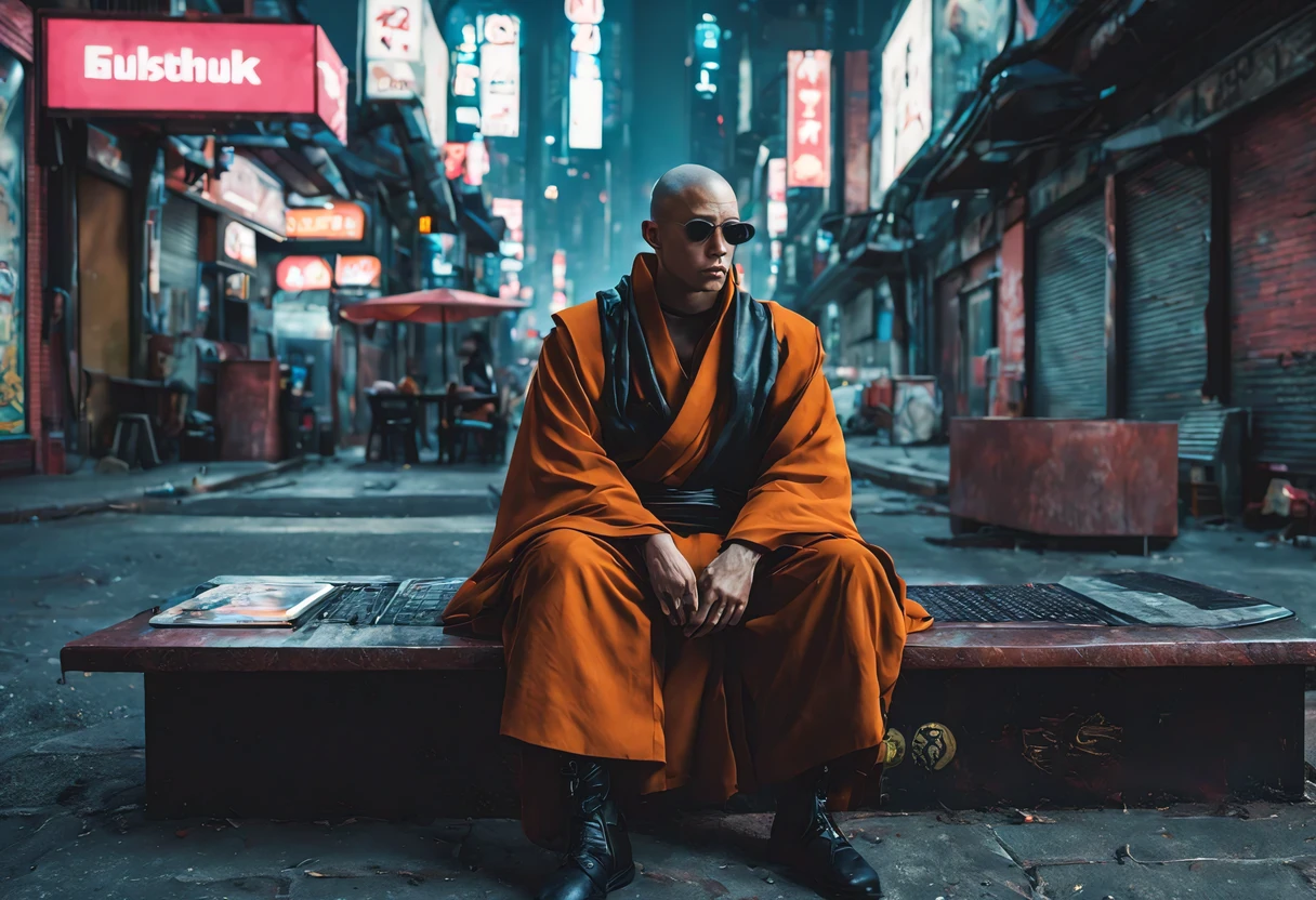 cyberpunk, monk, chillin in the city