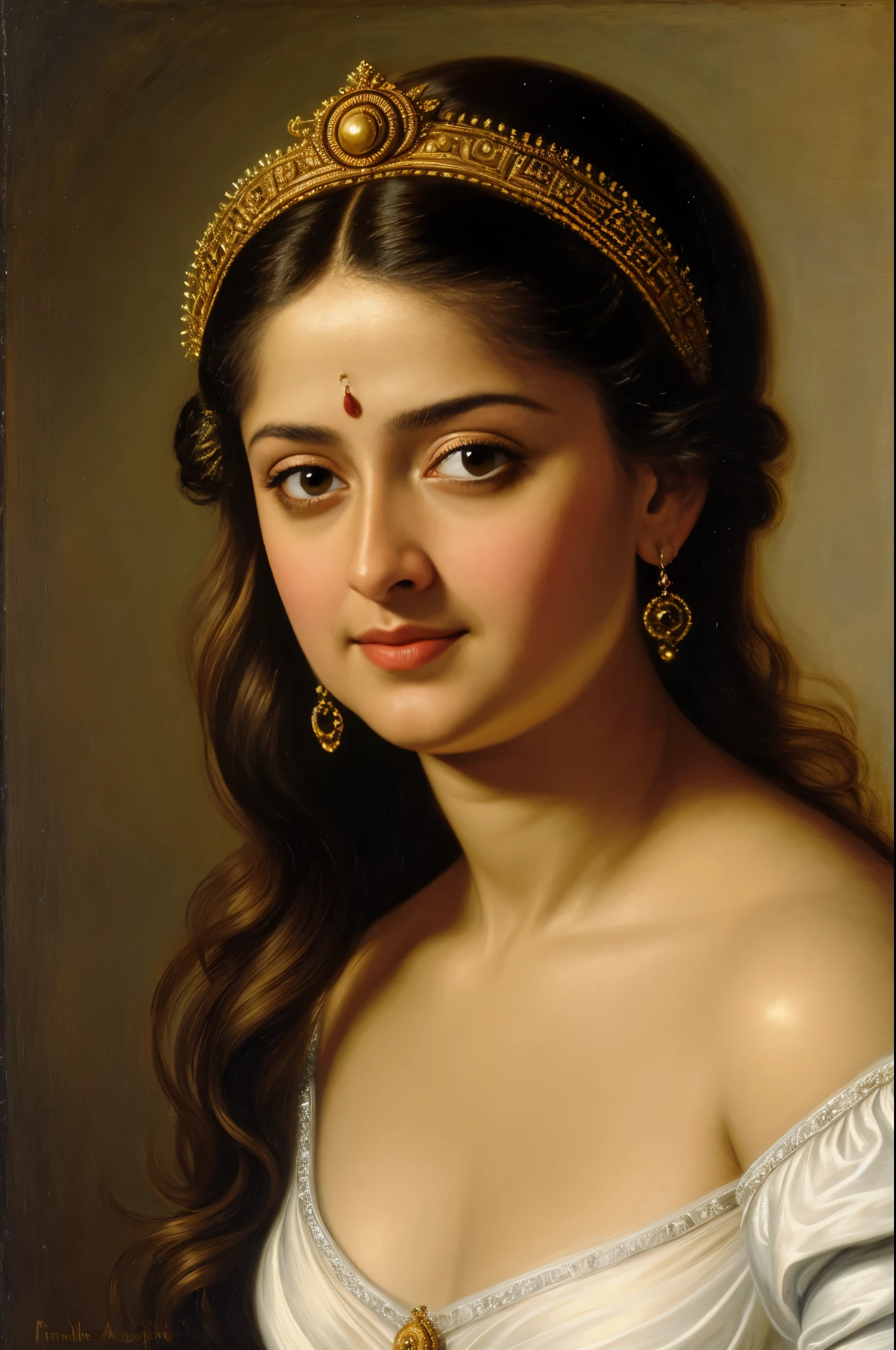 Looks like Anushka Shetty, Masterpiece, Best quality, high clarity eyes, critically flawless,sharp picture, Full portrait, High pixels, perfect face, perfect eyes, beautiful face, perfect hands,perfect fingers, in Peter Paul Rubens style, by Peter Paul Rubens, baroque style, acrylic on canvas, highly detailed, description: "Create a nymph inspired by the tales of Greek or Roman mythology, embodying the essence of a natural element or location, and possessing a unique ability or trait that sets her apart."