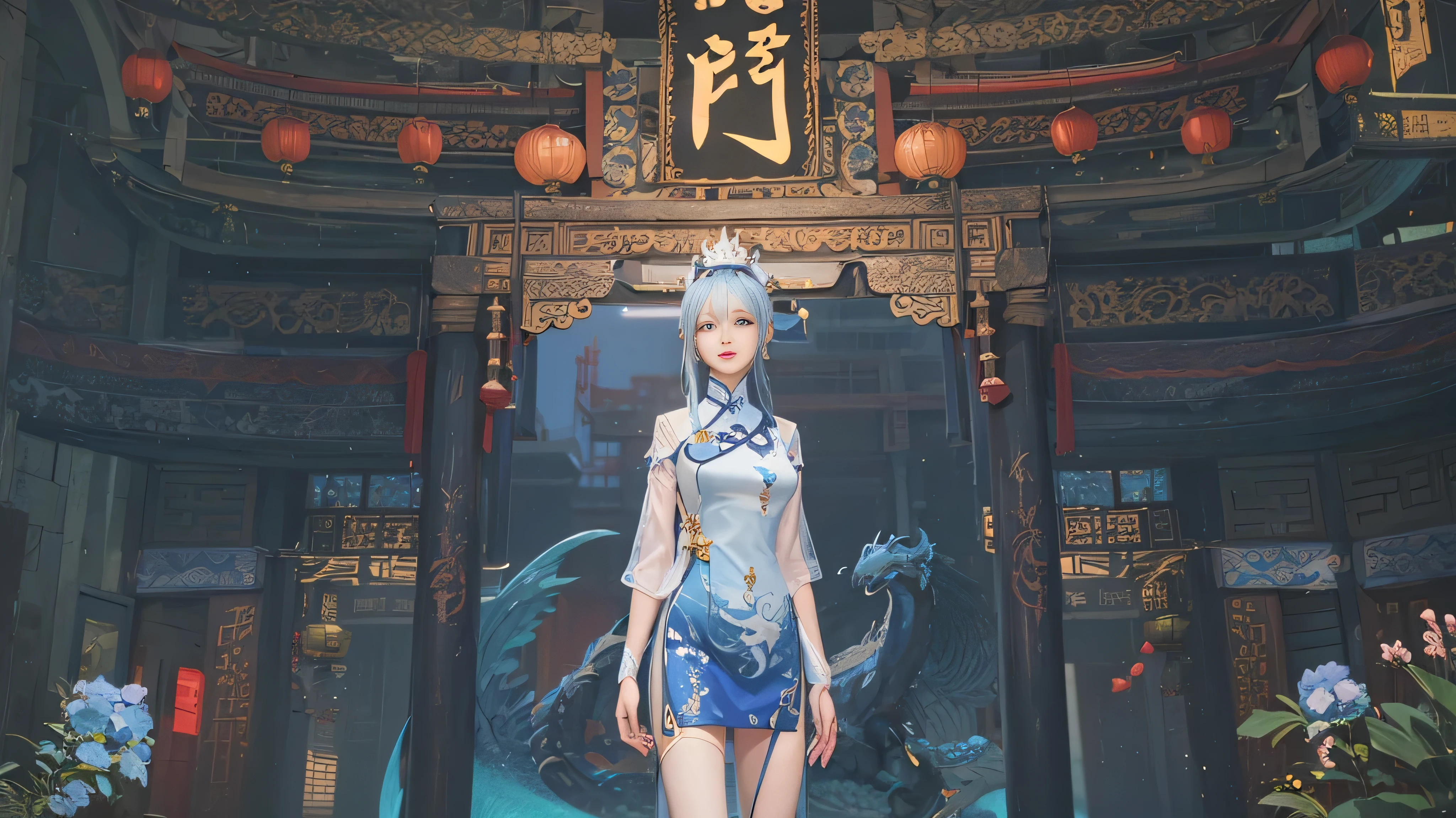 there is a woman standing in front of a building with a dragon on it, lunar themed attire, in a blue qipao, full body xianxia, inspired by Pu Hua, chinese costume, inspired by Leng Mei, inspired by Ai Xuan, inspired by Huang Ji, jellyfish shrine maiden 8k, inspired by Lan Ying, inspired by Luo Mu