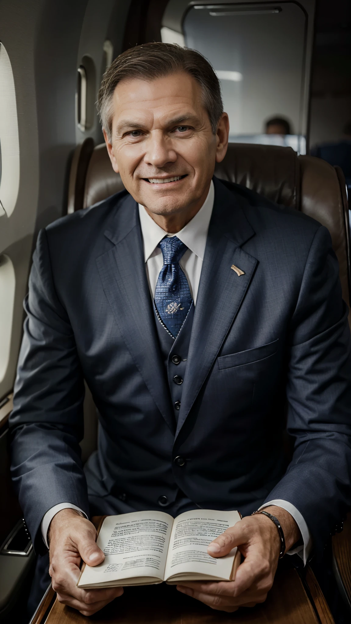 (masterpiece, HD photo, best quality, 8k), portrait, head and shoulders, old man, 60 years old (Kenneth Copeland) detailed eyes, detailed skin, American pastor suit, intricate details, fake grin, lying smile, bokeh, depth of field, televangelist, evangelical, money, gentleman, villain, evil grin, stern, moody, Arizona desert, private jet:1.5, strong shadows, muted colours, vignette