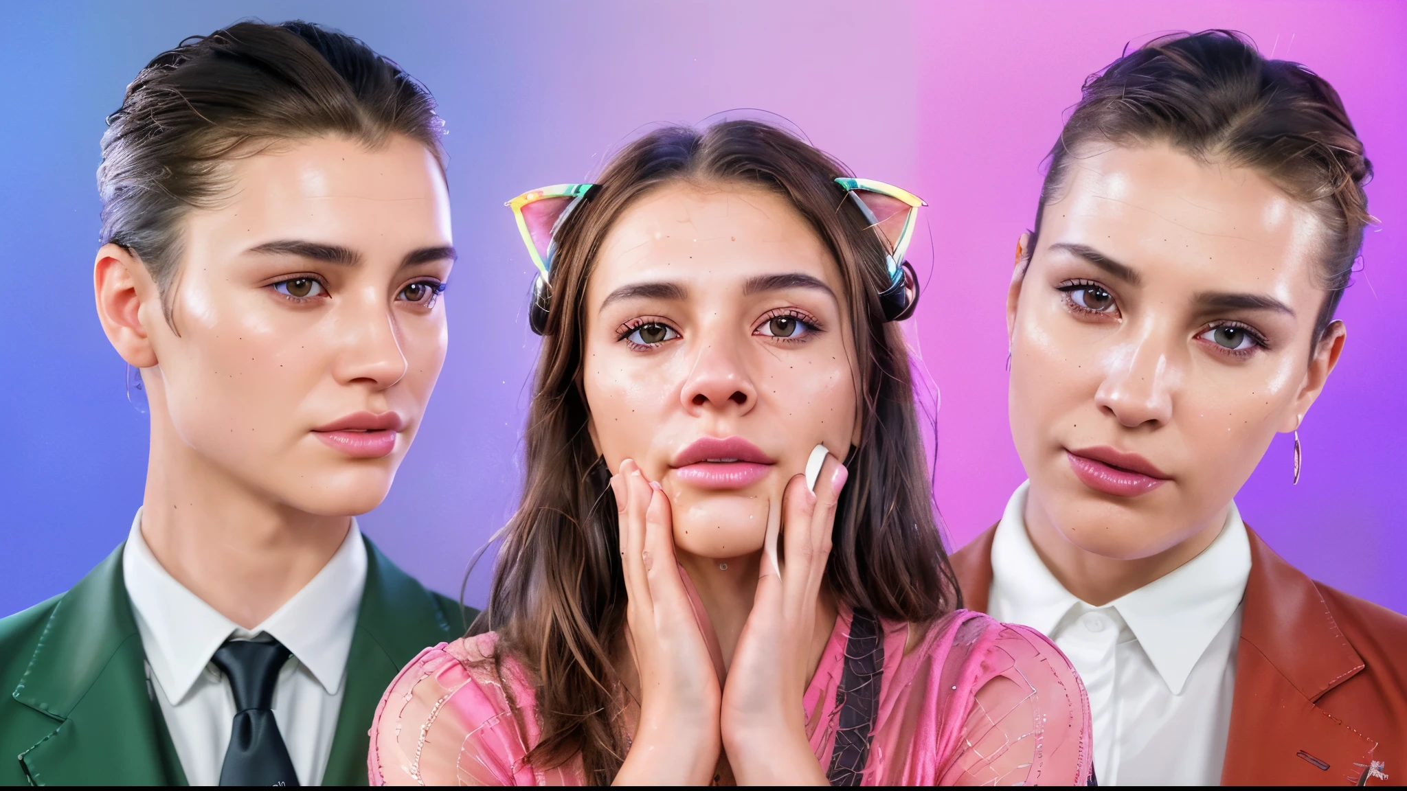 his face, perfect smooth skin. with brown hair and, smoot, multiple light sources, rim light, sharp post effects render, perfect cgi, anthropomorphic cat, digital art, detailed digital art, reflective, best quality, 4k, masterpiece:1.2, ultra-detailed, realistic, vivid colors, dark and moody lighting, The image of the highest quality, ensuring every detail showcased perfectly. It in 4k resolution, allowing viewers to immerse themselves in the richness of the colors and intricate details. The realistic rendering. under the spotlight, reflecting, high-resolution image, realistic rendering, dark background, and rim light