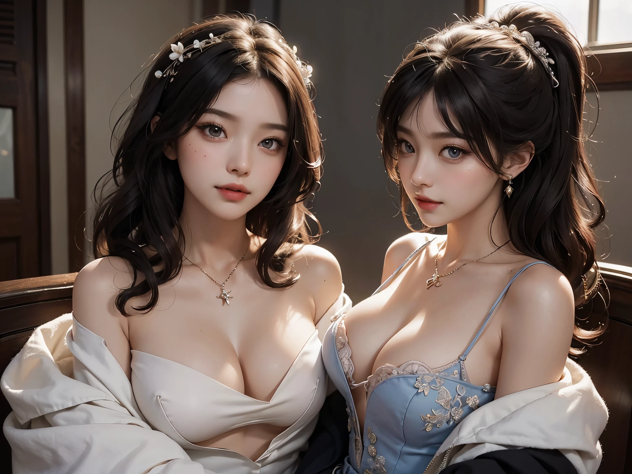 ((top quality,8K,masterpiece:1.3)),(intricate details),Perfect细节脸,Delicate eyes,Very detailed,blush,hair accessories,lipstick,(Layered_necklace:1.2),detailed background,Realistic photos,clear focus:1.2,Perfect+slim style,((looking at camera))),((cute smile,Open your mouth and you can see the white teeth)),beauty,beauty,beautiful two sisters,以big量出汗而闻名于世,Waist contraction,,tight skin,Very detailed facial and skin texture,Delicate eyes,double eyelids,pale cheeks,healthy-looking skin,(layered hairstyle,dark brown hair),((Airline stewardess:1.82)))),(bared chest),((Off the shoulders:1.2)),(messy clothes and hair:1.3)),(big:1.9),(nature的乳房,nature),(On an incredibly crowded plane)),from below,(((Very happy look)),(seductive appearance:1.5),