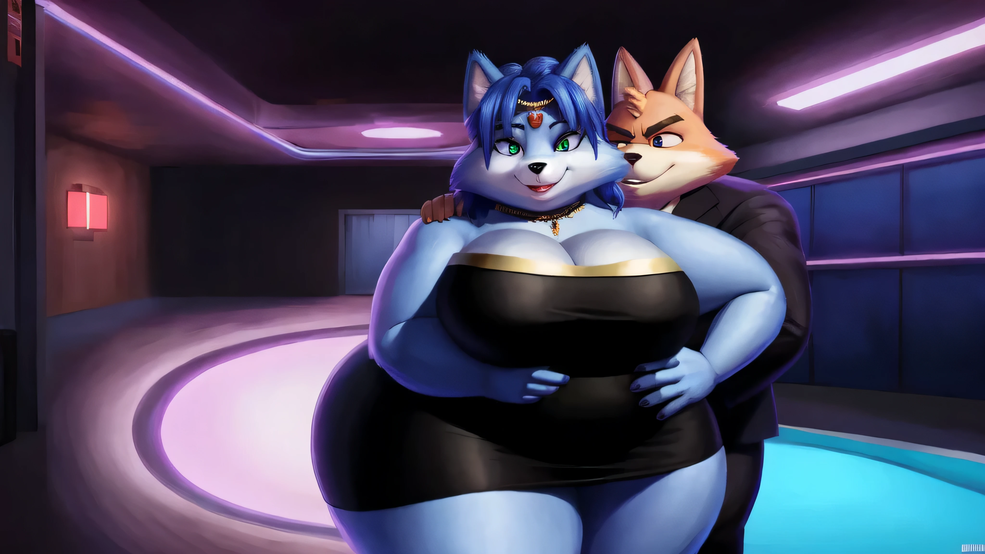 Krystal a raposa, Starfox, 2d illustration, 1.2, Sozinho, perspectiva, Medium chest, Ombros nus, sorriso envergonhado, (cauda), totalmente corado, nervoso, olhando para o espectador, olhos verdes, Gargantilha Preta, olhar sedutor, strapless, vestido preto curto, black pencil skirt, Boate, luzes de neon, standing, hands on hips, Curvo, muito gordo, quadris largos, enorme, coxas grossas e macias, muito gordo flabby arms, Realistic lighting, alto detalhe, Rosto detalhado, sombreamento realista, rolos de gordura, tamanho enorme, seios gigantescos e enormes transbordando de gordura, decote enorme, pesado, mais tamanho, everything is fat, textura macia, lindos olhos grandes, semi-realista, dynamic angle, pattern clothes, muito gordo, SSBBW, fat arms, very fat, IMMOBILE, 800 pounds of weight.