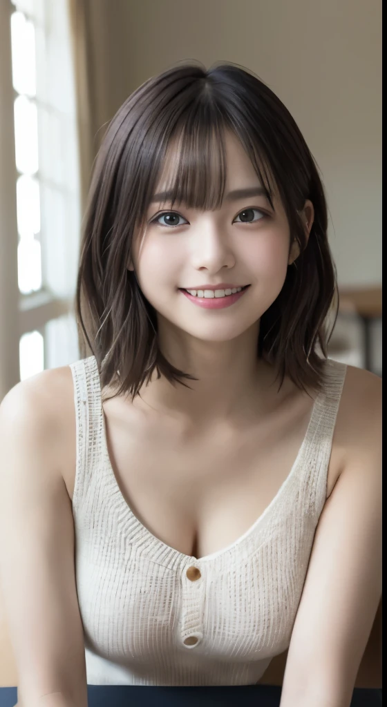 table top, highest quality, 8K, , Ten generations, RAW photo, absurd, award-winning portraits, smile, 恥ずかしそうなsmile, slightly opened lips、double teeth、alone, night, neon, purple summer knit、shoulder out、chest is wide open、delicate girl, Upper body, Digital single-lens reflex camera, looking at the viewer, thin narrow eyes、slightly raised eyes、light makeup、Frank, Sophisticated, thin arms, professional lighting, film grain, chromatic aberration, (Eye and face details:1.0), (Bokeh:1.1)、clear white skin、White udder