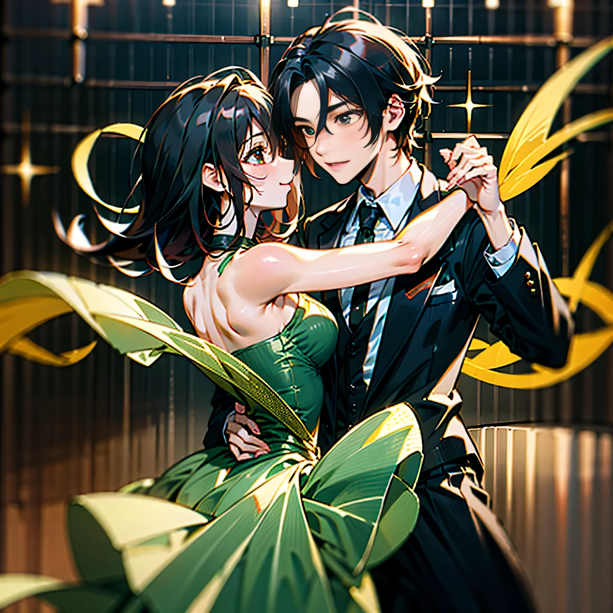 (Japanese,2 teenager ,pair dance partners:Ballroom dancing),romantic style, Beautiful starry night,traditional dance floor, traditional dance costumes, Seductive dance moves, (long hair girl and gentleman), same height,(green princess dress and black formal gentleman suit ), Buzzing music, bright colors, fun atmosphere, Energetic dance routines, dynamic dance pose, seamless sync, Elegant expression. half body shot,
(highest quality,4K,8K,High resolution,masterpiece:1.2), Super detailed, realistic choreography, professional lighting, bright colors, Immersive experience.