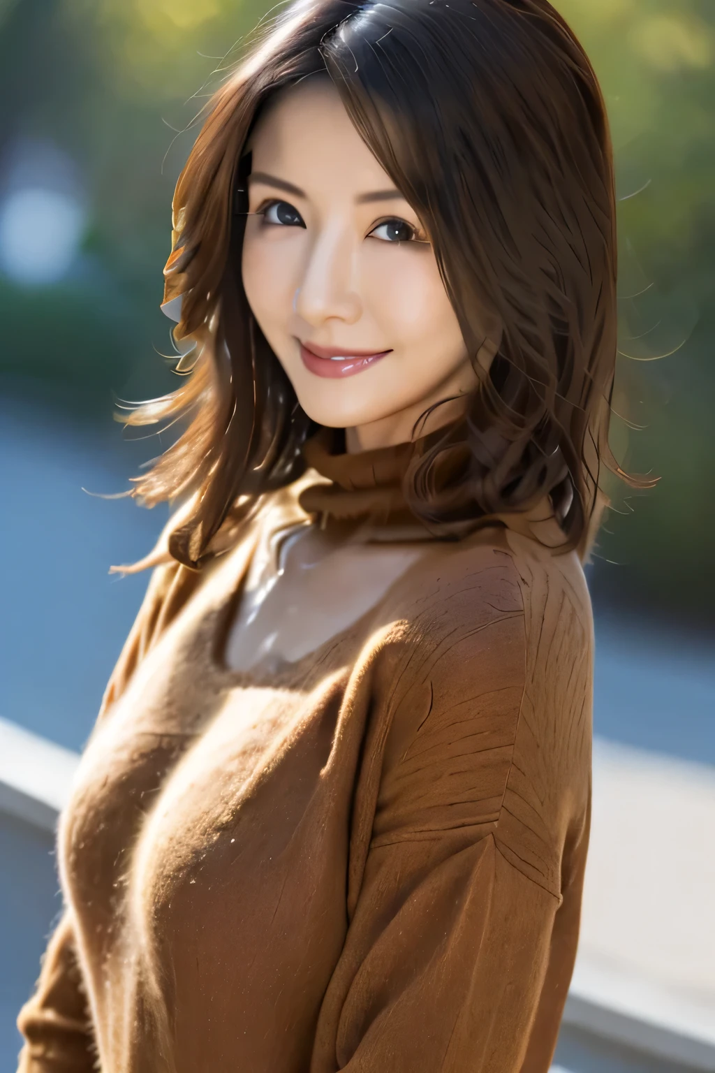 (highest quality, 8K, 32K, masterpiece, UHD: 1.2), beauty of japan, big, very short bob hair, Upper body, face focus, sweater, simple background, view audience