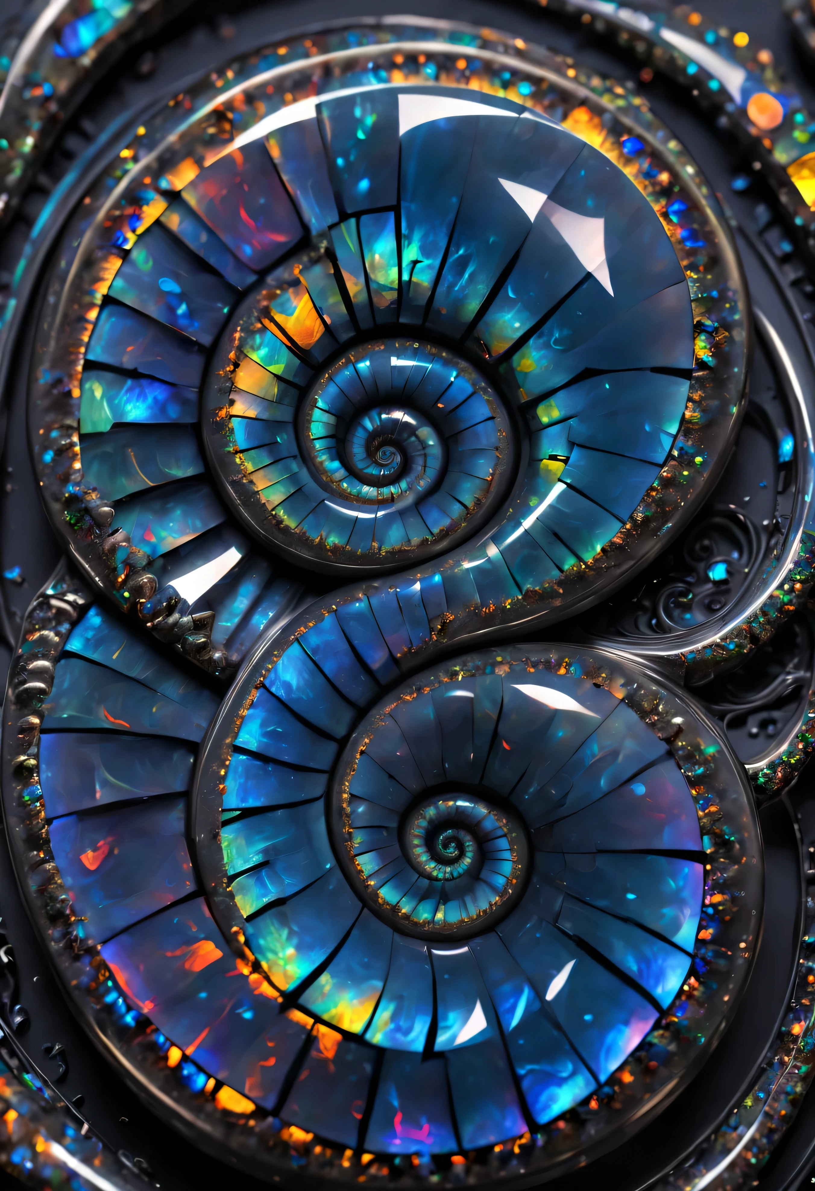 Stunning fractal spiral made of black opal . Award-winning, professional, Very detailed