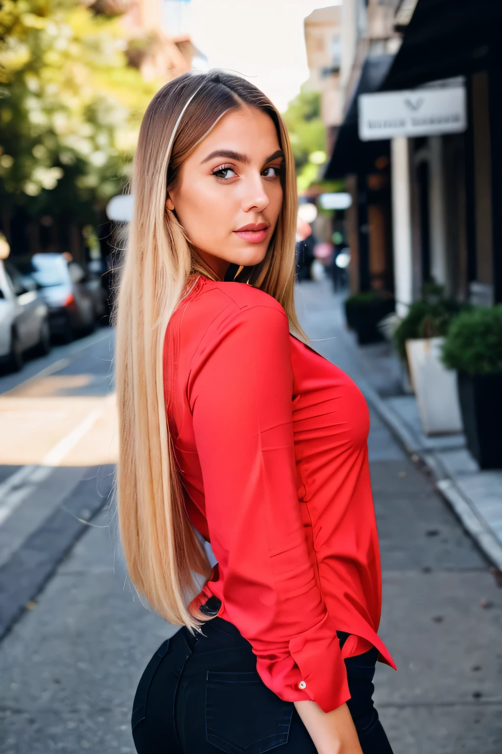 face, Long blone hair, Blonde hair, Brown eyes, beautiful, city girl, a cute girl, walking in streets, red color blouse, black tight jeans, 18yo, cute breasts, cute ass, Plump buttocks, cute face, makeup, eyeliner, eyelashes, hot girl, best quality, high definition, highly detailed, exterior background, depth of field, cinematic lighting,