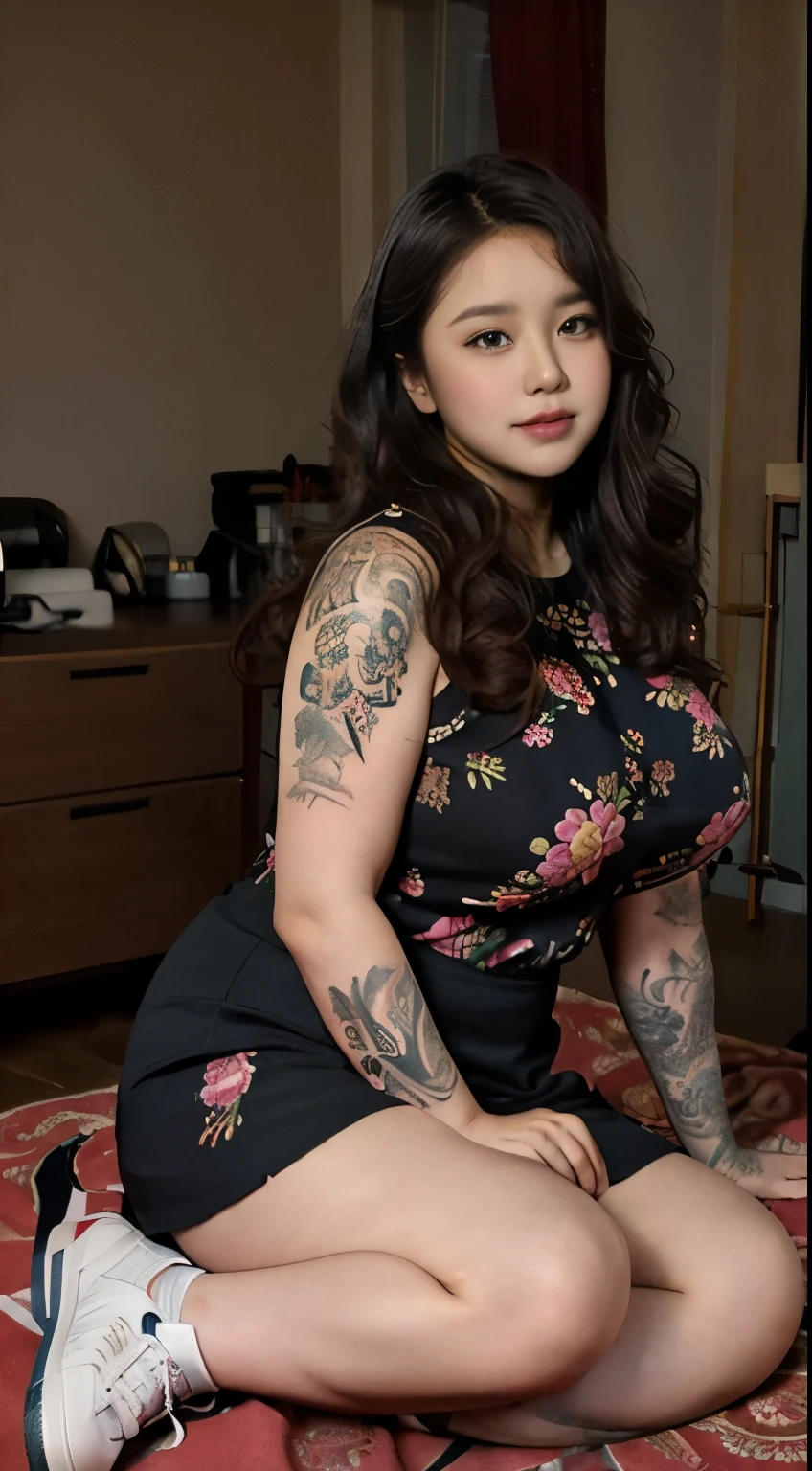 ((best quality)), ((masterpiece)), (detailed), perfect face, ((best quality)), ((masterpiece)), (detailed), perfect face, wanita chubby dewasa, wearing thight dress and thight skirt, chubby cheeks, chubby arm, chubby thighs, big breasts, wearing a sneakers, medium hair style, full body photoshoot, tattooed body , random pose in a dark room , tattooed all over hands