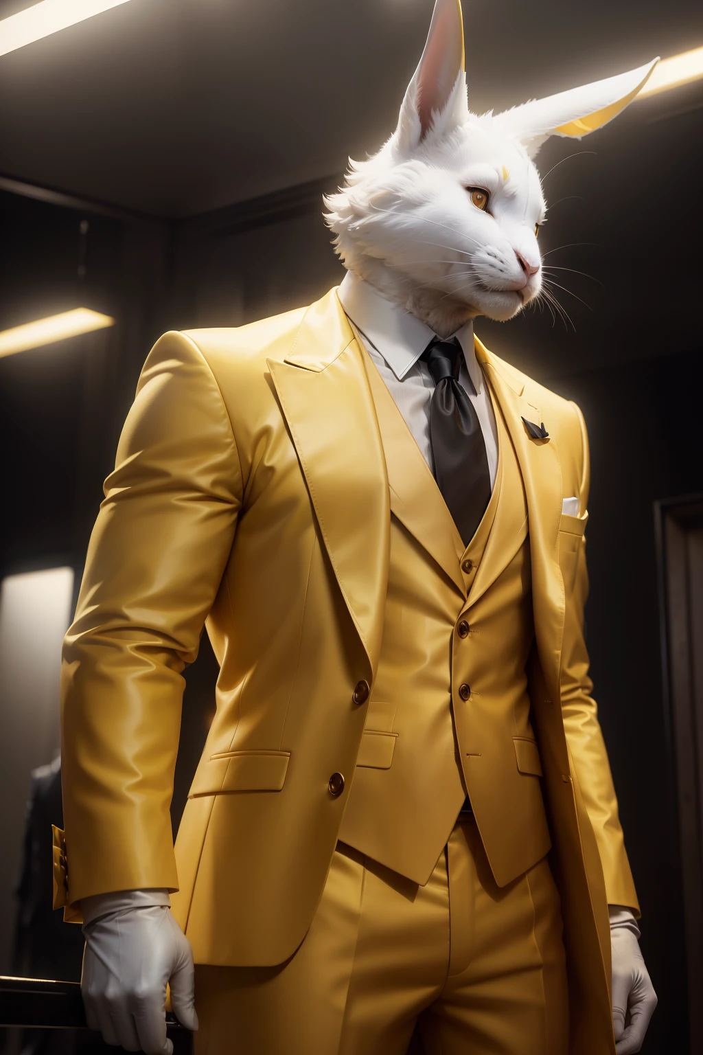 photorealistic movie still of a white rabbit, humanoid, furry, frontal view, standing, yellow suit, yellow business suit, yellow gentleman's suit, wearing black leather gloves, movie godfather style, noir, cinematic lighting, chromatic aberration.