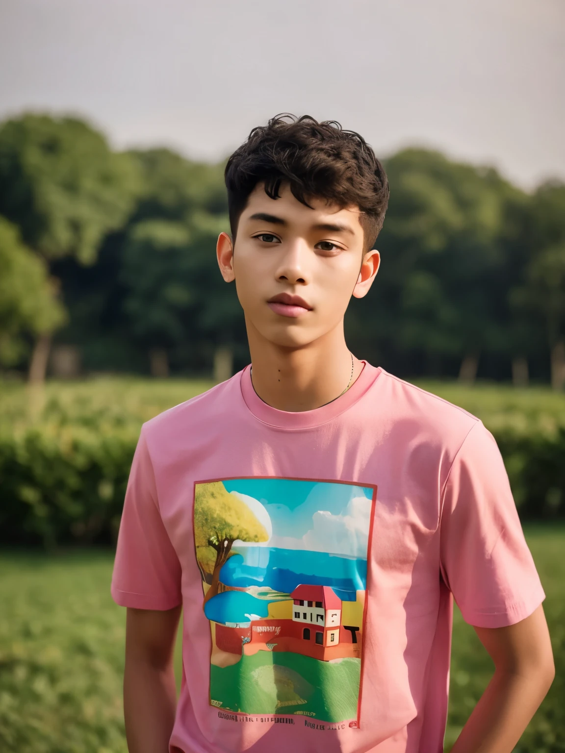 Indian city background 18 year boy pink t-shirt