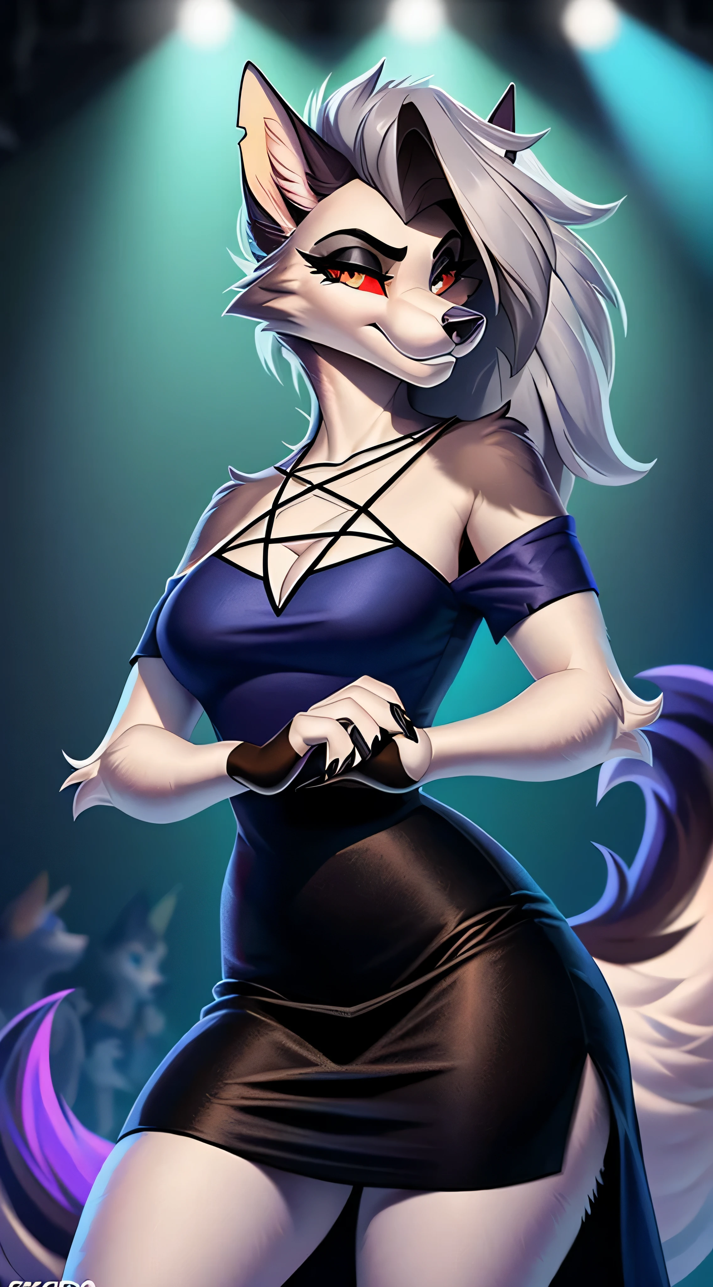 ((fox)), female, solo, long white hair, ((grey fur)), purple eyes, breasts, ((nude)), nipples, pussy, floating playing cards, dynamic pose, card theme background, card wallpaper, standing, (up close), Very good figure, best quality, highres, 16k, Natural soft light, Tyndall effect, Advanced film lighting, Unreal Engine5, Extremely realistic, A high resolution, perfect masterpiece, high quality, high resolution