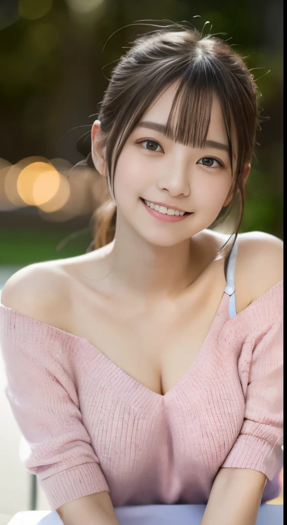 table top, highest quality, 8K, , Ten generations, RAW photo, absurd, award-winning portraits, smile, 恥ずかしそうなsmile, slightly opened lips、double teeth、alone, night, neon, Summer knitwear in pink color、shoulder out、chest is wide open、delicate girl, Upper body, Digital single-lens reflex camera, looking at the viewer, thin narrow eyes、slightly raised eyes、light makeup、Frank, Sophisticated, thin arms, professional lighting, film grain, chromatic aberration, (Eye and face details:1.0), (Bokeh:1.1)、clear white skin、White udder