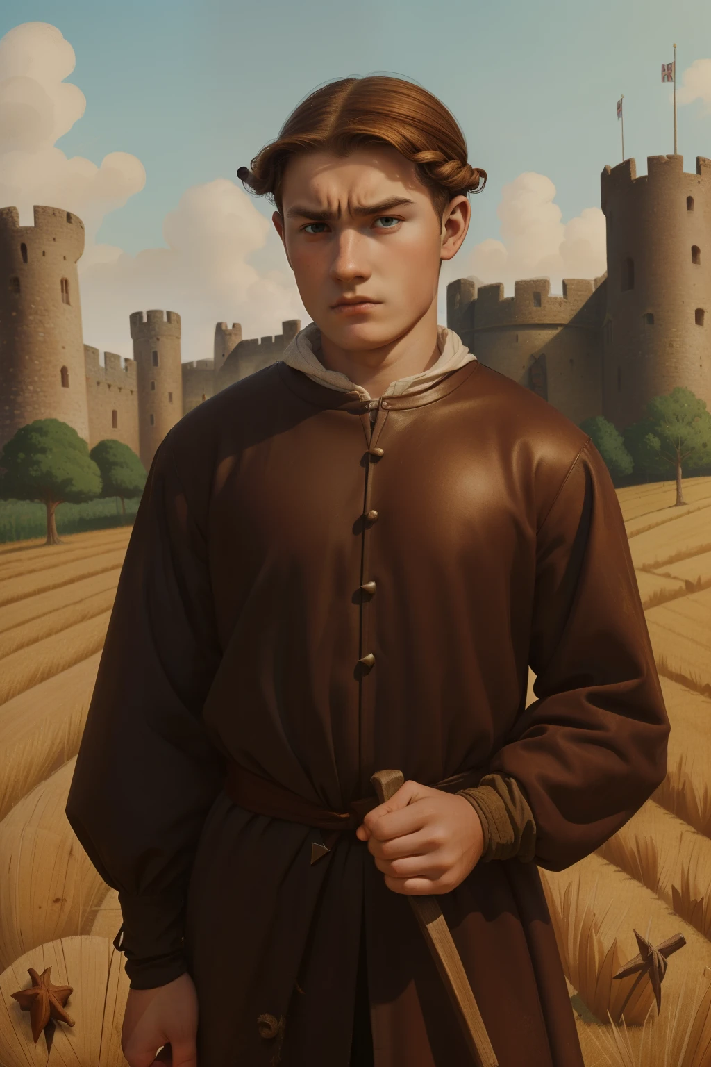 England, 1327. A young ((((16-year-old)) Wulfric)), farmer, robust, angular features, serious, kind, in an egg stand, ((angry expression)), broken nose. ((((clothings from the 1300s)))), ((chestnut hairstyle of the 1300s))