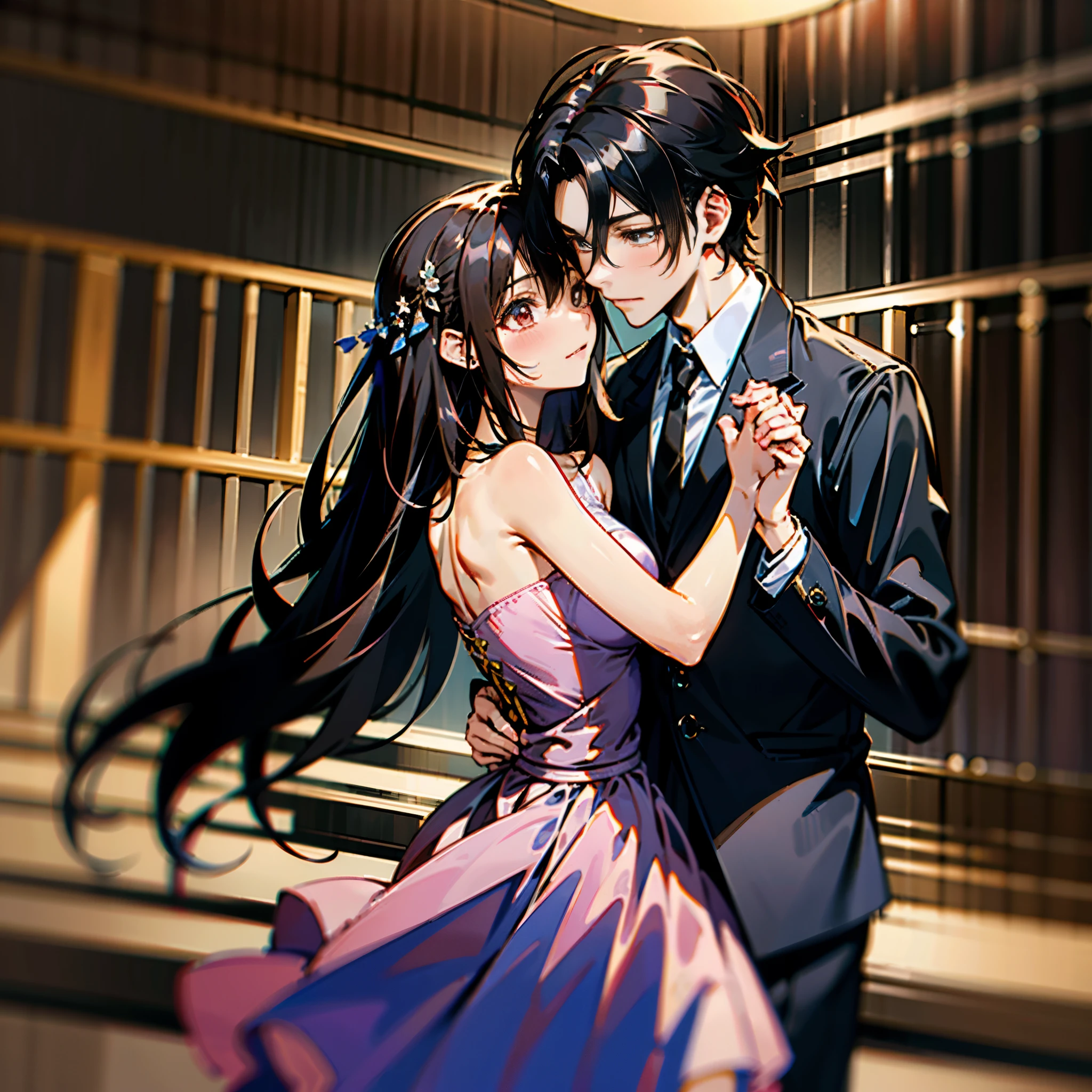 (Japanese,2 teenager ,pair dance partners:Ballroom dancing),romantic style, Beautiful starry night,traditional dance floor, traditional dance costumes, Seductive dance moves, (brown hair twin-tail girl and black hair gentleman), same height,(pink princess dress and black formal gentleman suit ), Buzzing music, Bright colors, fun atmosphere, Energetic dance routines, dynamic dance pose, seamless sync, Elegant expression. Half body shot,
(highest quality,4K,8K,High resolution,masterpiece:1.2), super detailed, realistic choreography, professional lighting, Bright colors, Immersive experience.