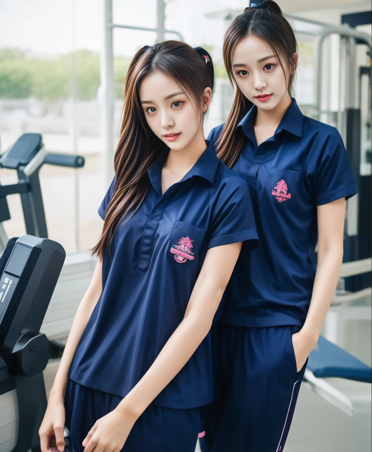 3 girls in fitness center, Navy blue short-sleeved shirt,Navy Long Trackpant,Sweatpants, Sweatpantsขายาว,25 year old girl, lesbian, sexy, exercise clothes, wet body, exercise clothes