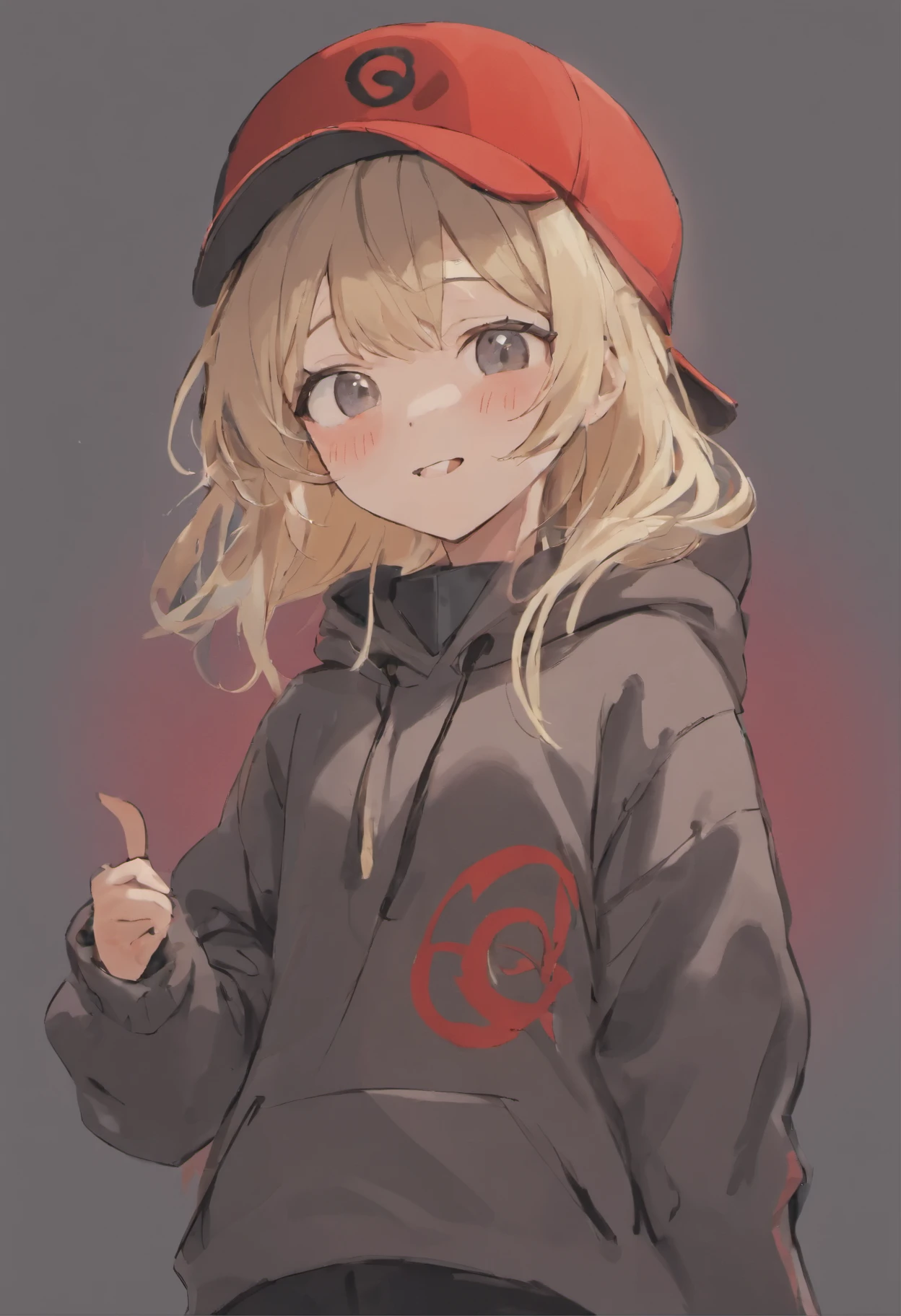 ((girl)),((blonde long hair)), ((wearing grey hat)), ((hat type: bucket hat)), ((hat color: grey)), ((design on hat: simple white smiley face)), ((wearing grey bucket hat with a simple white smiley face )), ((brown hair)), ((race: Hispanic)), ((clothing: red hoodie)), ((wearing red hoodie)), ((nothing on red hoodie)), (( basic red hoodie)), ((pose: doing a peace sign with his hands)),((happy)), ((eyes closed)), ((smiling)), ((eyes closed because of smiling)), ((black pants)), ((gradient of red and black background))