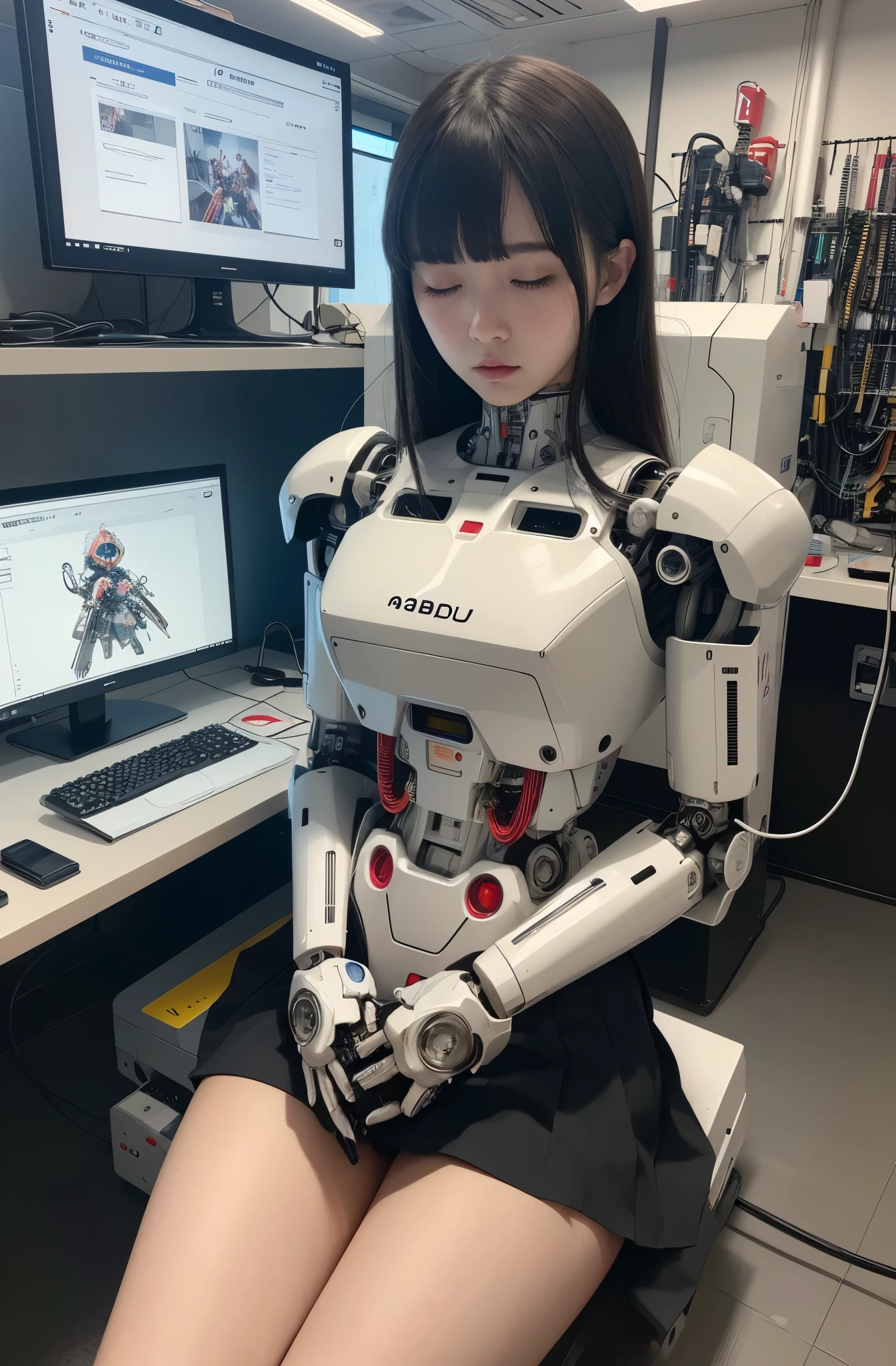 masterpiece, best quality, extremely detailed, Japaese android girl,Plump , control panels,android,Droid,Mechanical Hand, Robot arms and legs,Blunt bangs,perfect robot girl,long tube,thick cable connected her neck,android,robot,humanoid,cyborg,japanese cyborg girl ,future laboratory,robot laboratory,maintenance,connecting a cable between the legs,skirt, She is charging now,（sleep mode:1.5）（closing eyes:1.5）（bowing:1.5）