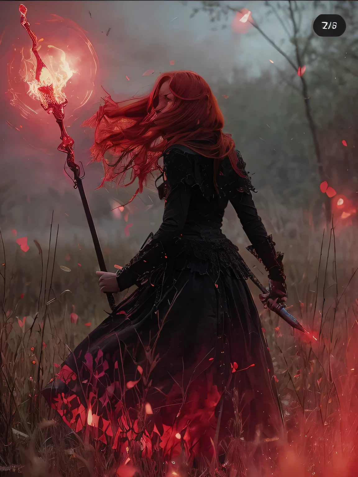 red-haired woman in purgatory holding a wand in a field, witch's back turned, dark fantasy style, epic fantasy, glowing magic details