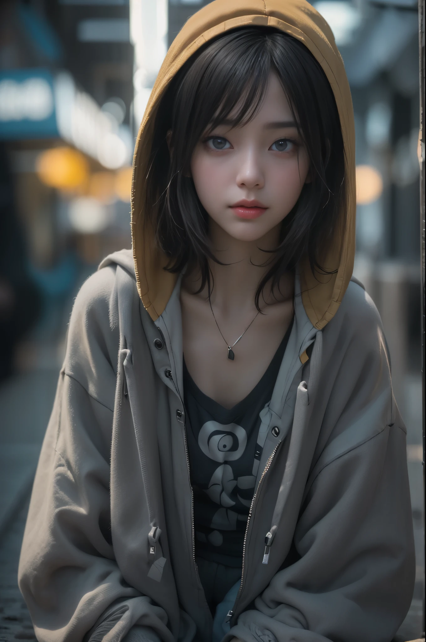 Top image quality、Raw photography、超A high resolution、18 year old cute face woman、Shooting for one person only、urban style, urban posing, ultra realistic, round breast、yellow jumper hoodie、oversize hoodie, ((short trousers: 1.2)) 、cyberpunk backpack, Beautiful Eyes of Details、very elongated eyes、Beautiful eyelashes、Beautiful double eyelids、Beautiful waist、very slender legs、ultra realistic the pores skin,  medium long hair with light black hair、detail on facial pores, very slender physique,  (clear sky:1.3), shoot in low angel (dynamic low angle: 1.4), ((full body: 1.3)) Madly detailed photo、lighting from side, dramatic side lighting, Ultra-realistic light、Woman with shiny black hair、perfect hand, Heart in the eye。odd eye, full body Esbian,Blur the background with a sickle,((masutepiece)), ((Best Quality))Wallpapers 16K, .Blur the background with a sickle , BREAK,((masterpiece)), ((Best Quality)), epic (Lige Fries Photography、sony a7、12 millimeters、wide angel dynamic potrait, pores:1.5、Farbe、ultra-detailliert:1.5、film grains:1.4、hyper realisitic:1.5)、octan render、(Pulitzer Prize for Best Photography、Taylor Wessing Award for Best Photography), mystical colors, romantic depth of field urban_dance, , Background with mystical dark ((ancient city:1.2), 3d reslistic