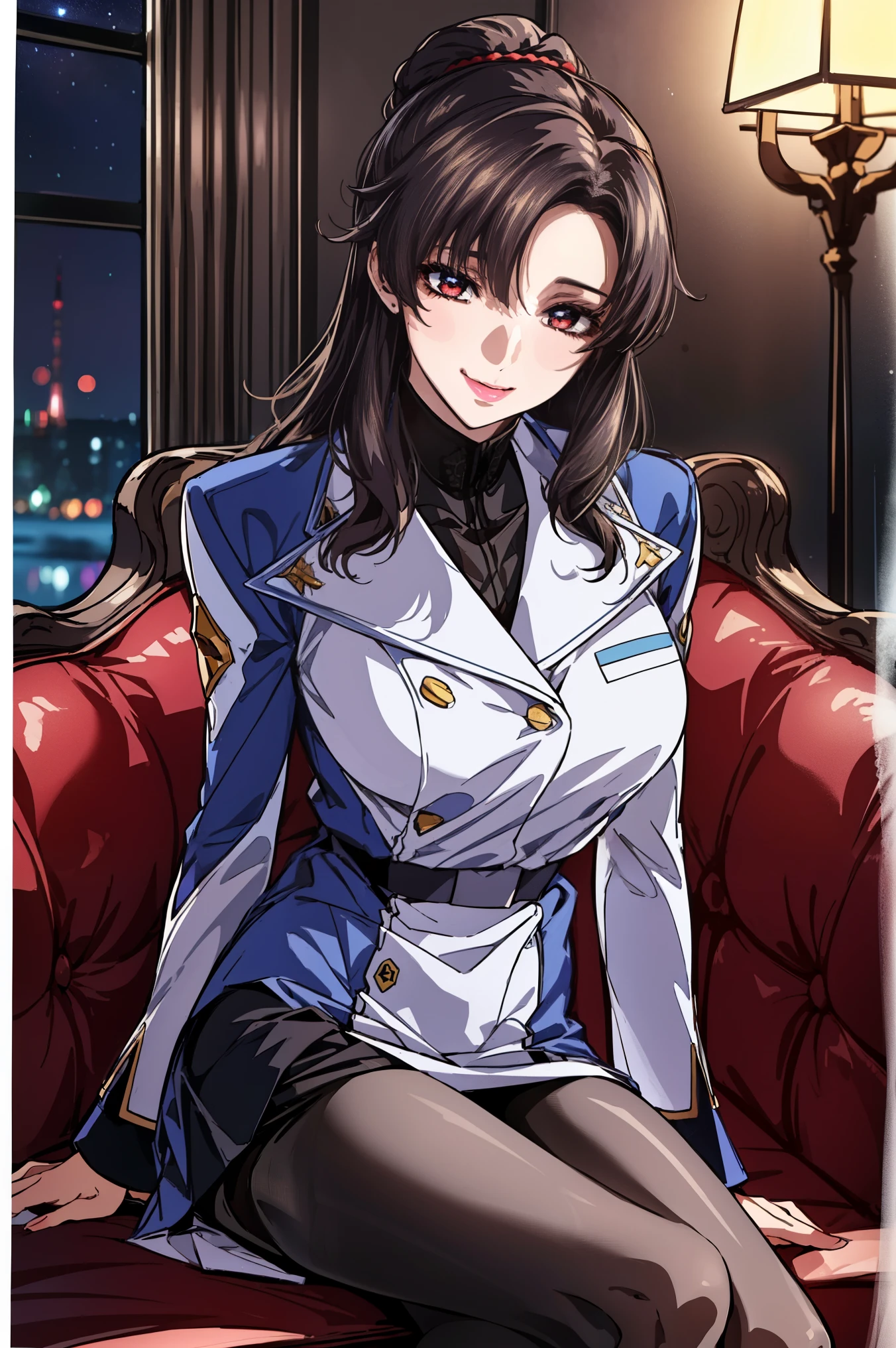 (night:1.7),space battleship,
sitting on white_armchairs,
army uniform, army,Jacket,blue and white uniform,skirt,
(black_pantyhose:1.3), 
前hair,茶color_hair, length_hair,Red eye,Lipstick,compensate, 
1 girl,27 years old,woman,beautiful Finger,beautiful length legs,beautiful body,beautiful nose,beautiful character design, 完璧なeye, 完璧なface, Japanese,cosplay,
looking at the viewer, (innocent_big_eye:1.0),attractive,embarrassing, shy,light smile,
NSFW,official art,Highly detailed CG Unity 8K wallpaper, perfect lighting, (table top:1.0),(Highest_quality:1.0), Super high resolution,4K,super detailed, photograph, 8K, nffsw, High resolution, absurd:1.2, kodak portrait 400, film grain, blurred background, Bokeh:1.2, Lens flare, (vibrant_color:1.2),(beautiful_face:1.5),(narrow_waist),(perfect hands, perfect anatomy),white lace panties,NSFW, panty shot,Panty shot,NSFW