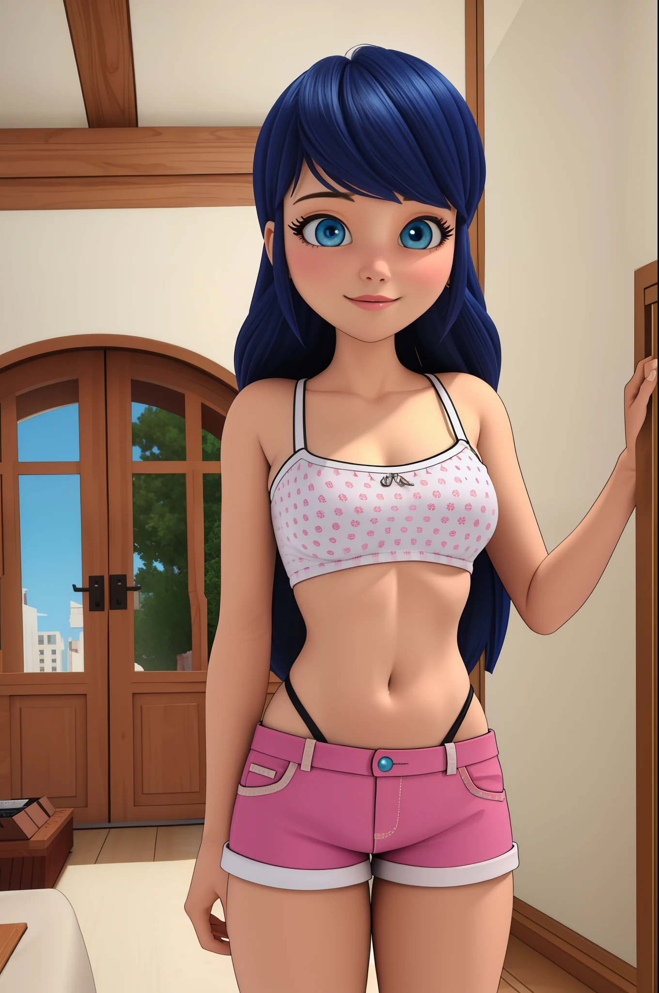 (8k, RAW photo, best quality, masterpiece:1.2), (intricate details), perfect eyes, perfect face, perfect lighting, beautiful, (masterpiece:1.2), (best quality:1.2), 1girl, solo, marinette, blue hair, ((long hair down)), adult torso, 18 years old, slight smile, large sized breasts, (pink sexy shorts), cowboy shot, 3DMM,underboobs,