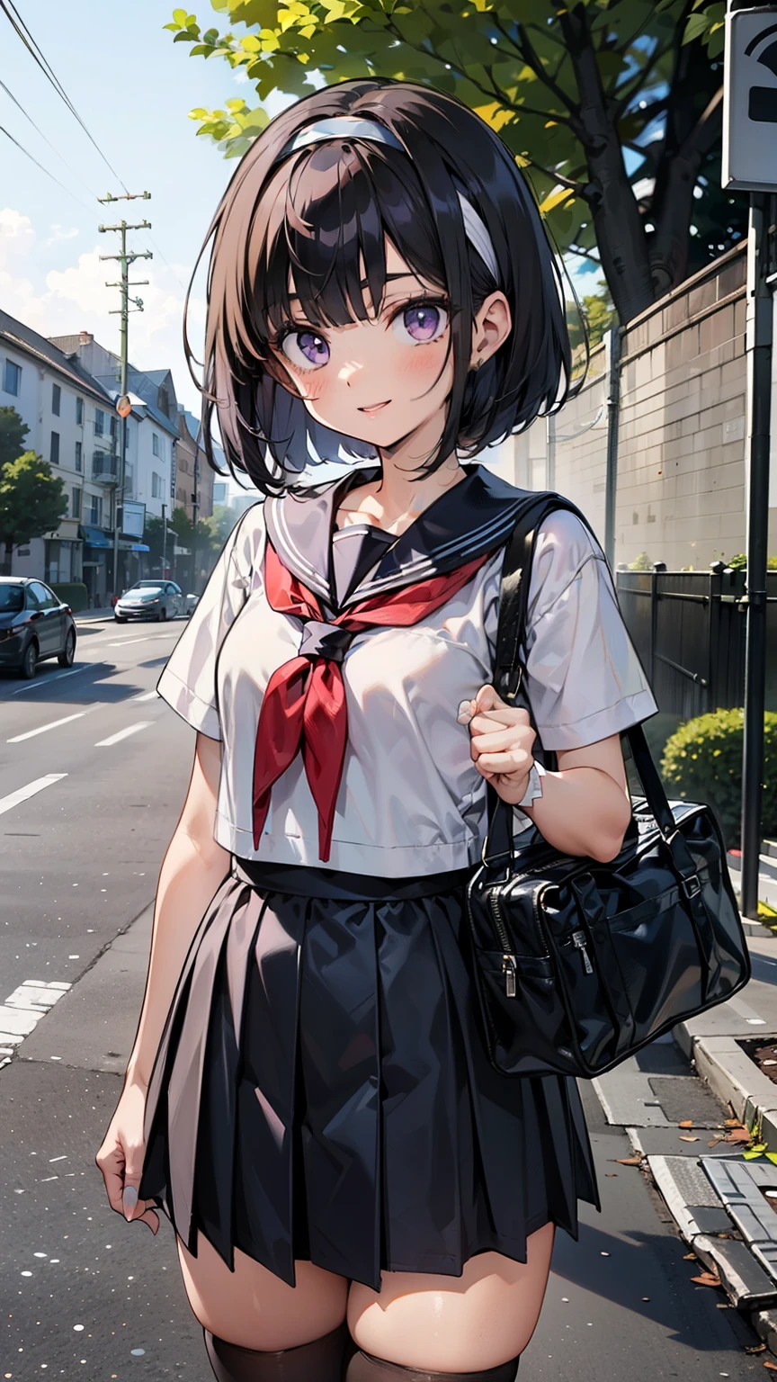 sailor suit, one woman, (a beauty woman, delicate :1.3), black hair, bob cut, Bangs Patsun, 8K, highest quality, masterpiece, Super detailed, ultra high resolution, realistic, RAW photo, absolute resolution, small face compared to body (4:1), very small face (4:1), The face is balanced, black hair, sailor suit, Dark blue skirt, realistic女子高生, ((white headband)), small breasts, tall, slanted eyes, purple eyes, (In front of the school gate), (black stockings), open your mouth, smile, stand, school bag,